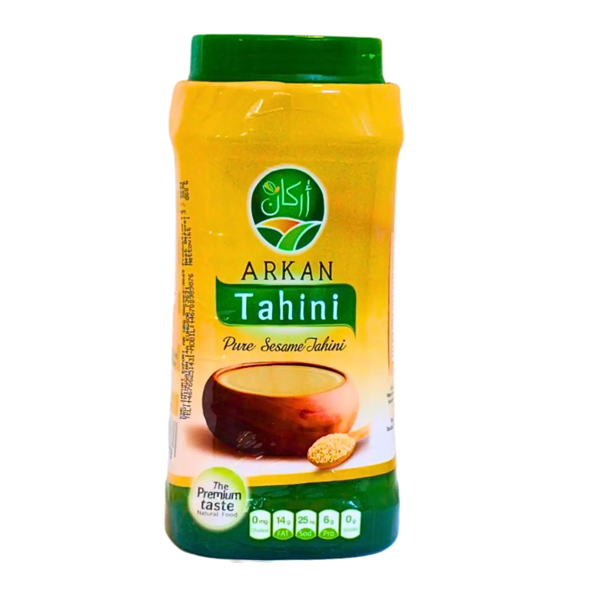 Arkan tahini sesampasta 800g burk, gul och grön förpackning, orientaliskt livsmedel