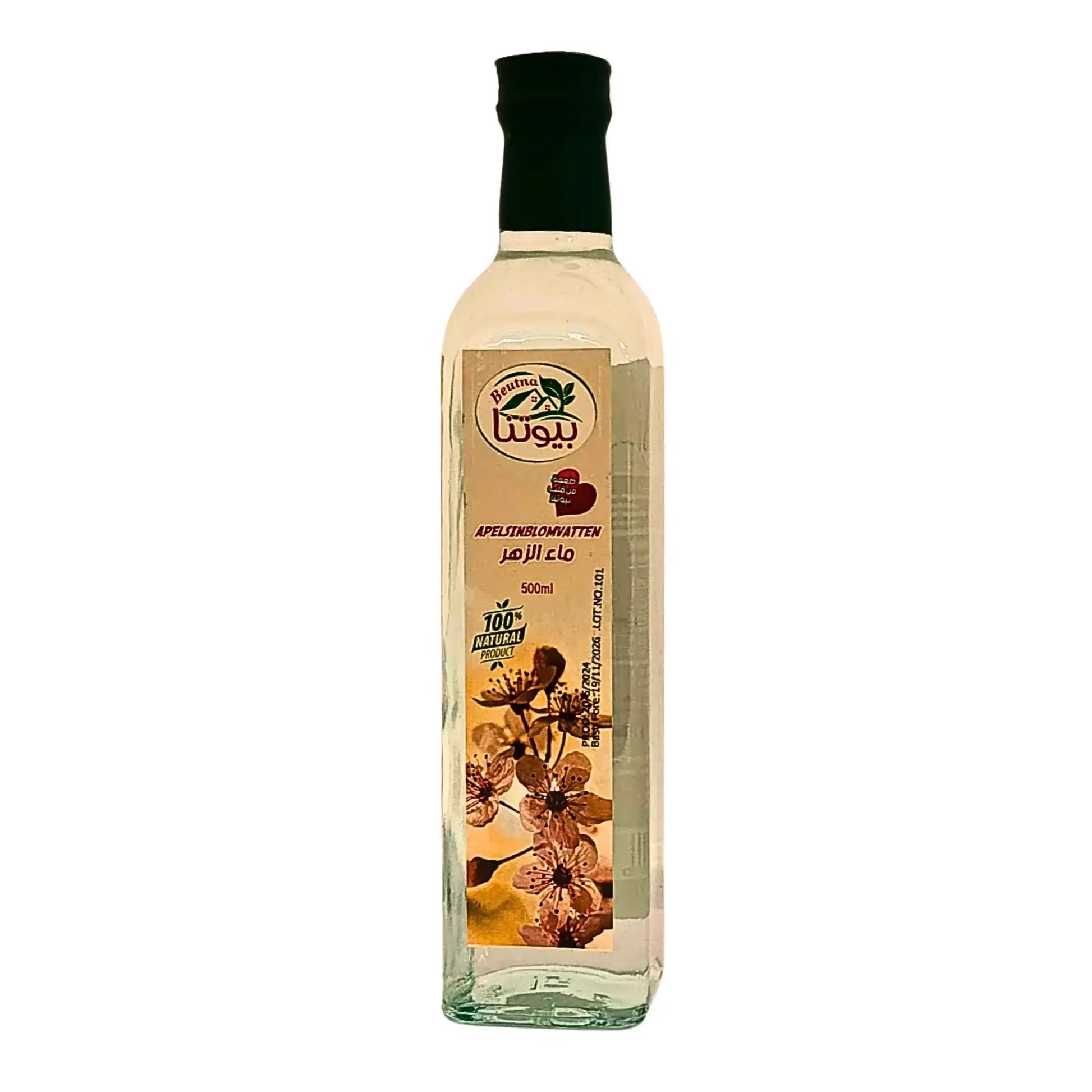 500ml flaska apelsinblomvatten med blomsteretikett, orientalisk smakessens.