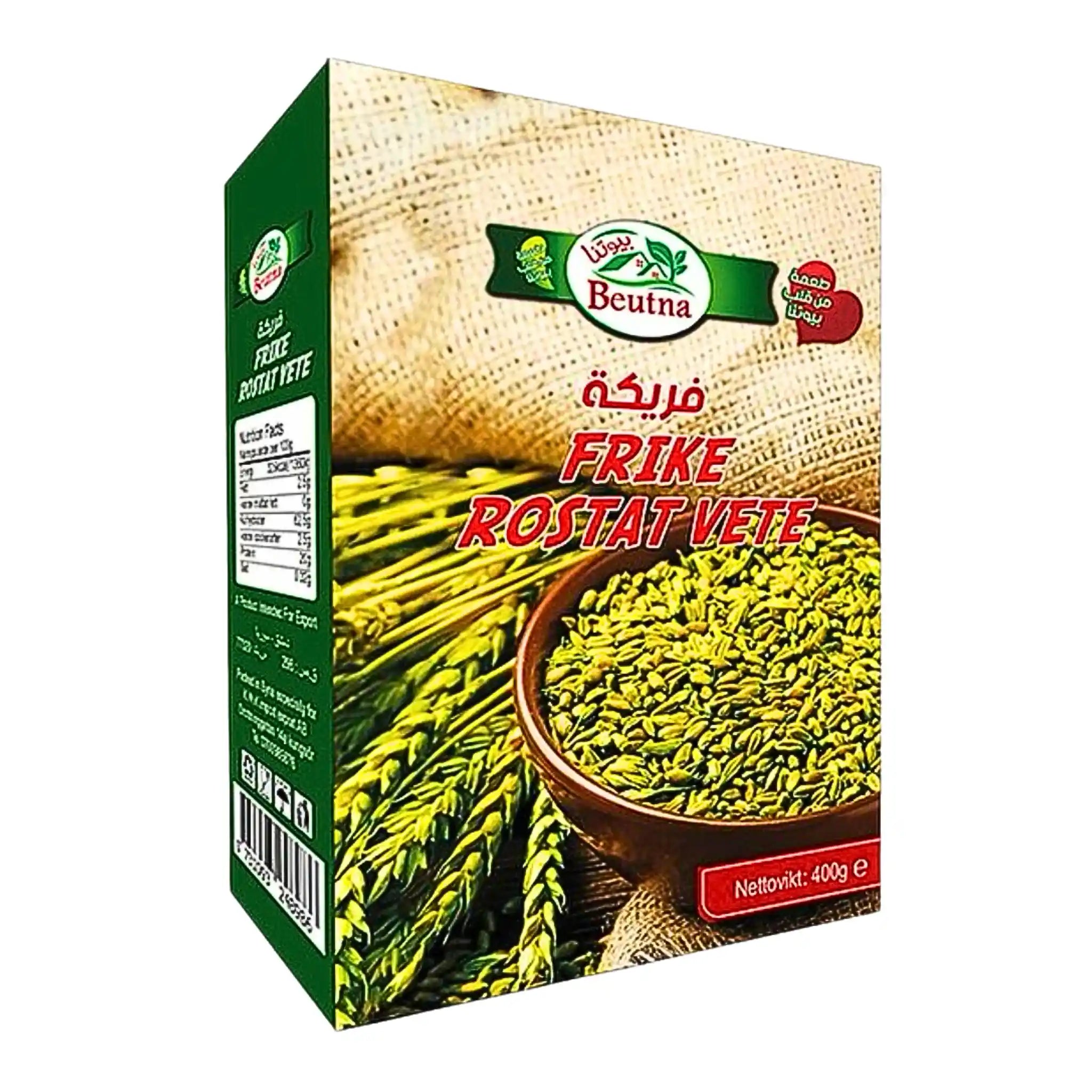 Förpackning med Beutna frike rostat vete 400g, orientaliska spannmål på bild.