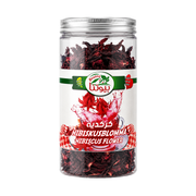 Torkade hibiskusblommor i genomskinlig burk med etikett, 140 g