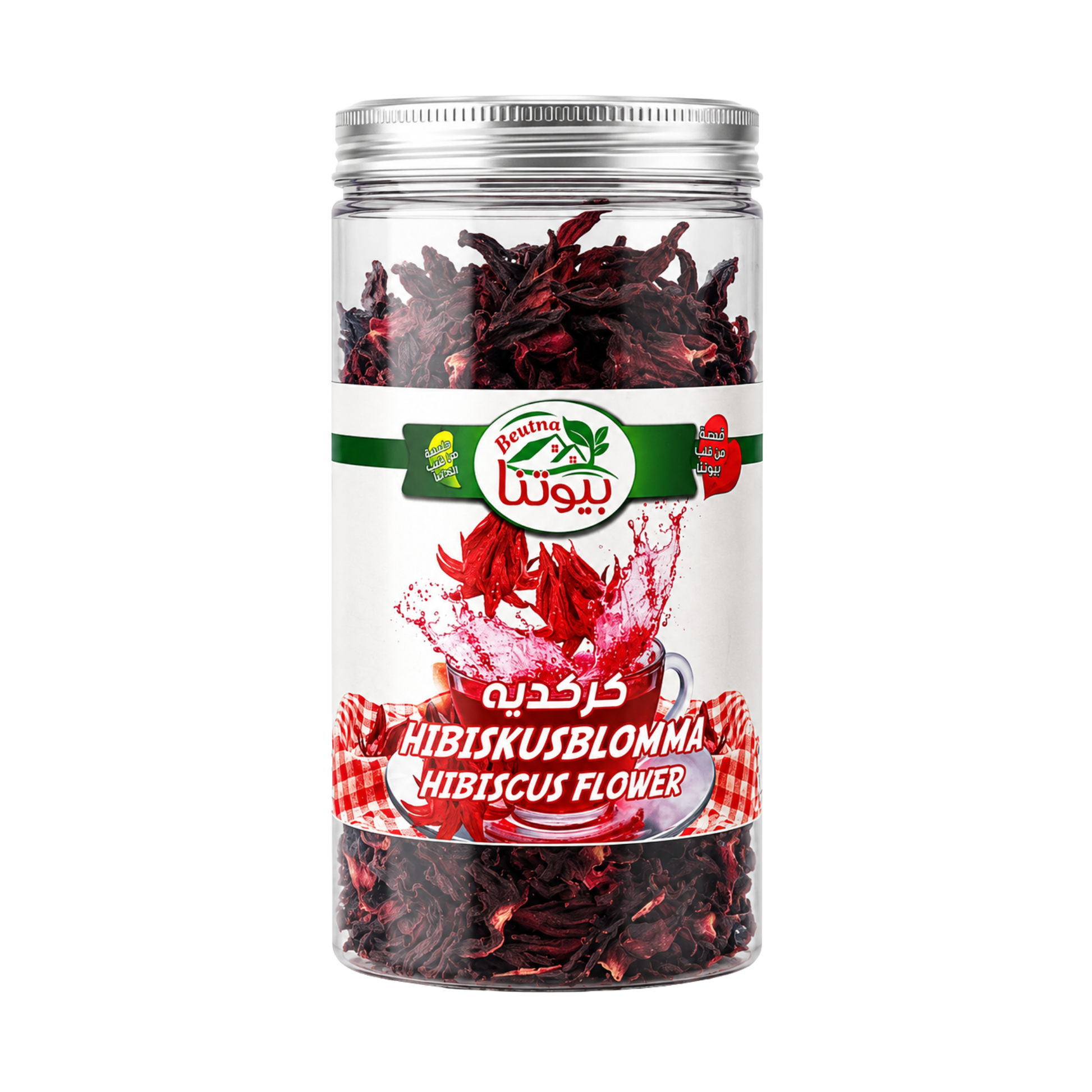 Torkade hibiskusblommor i genomskinlig burk med etikett, 140 g