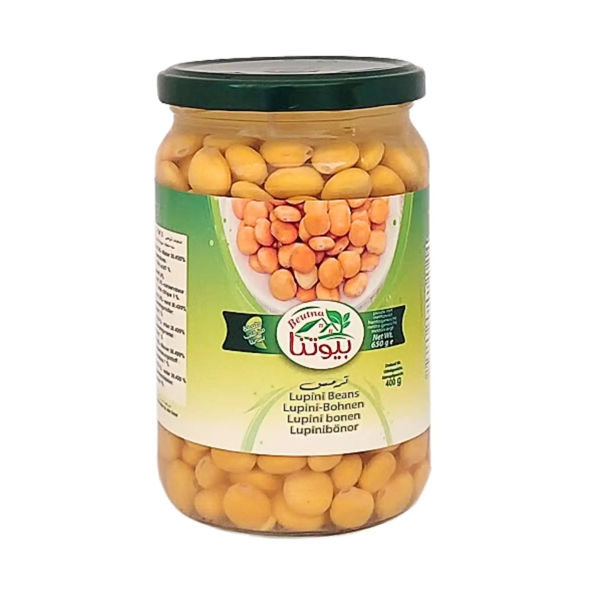 Glasburk med gula lupinbönor, tydlig produktetikett på vit bakgrund.