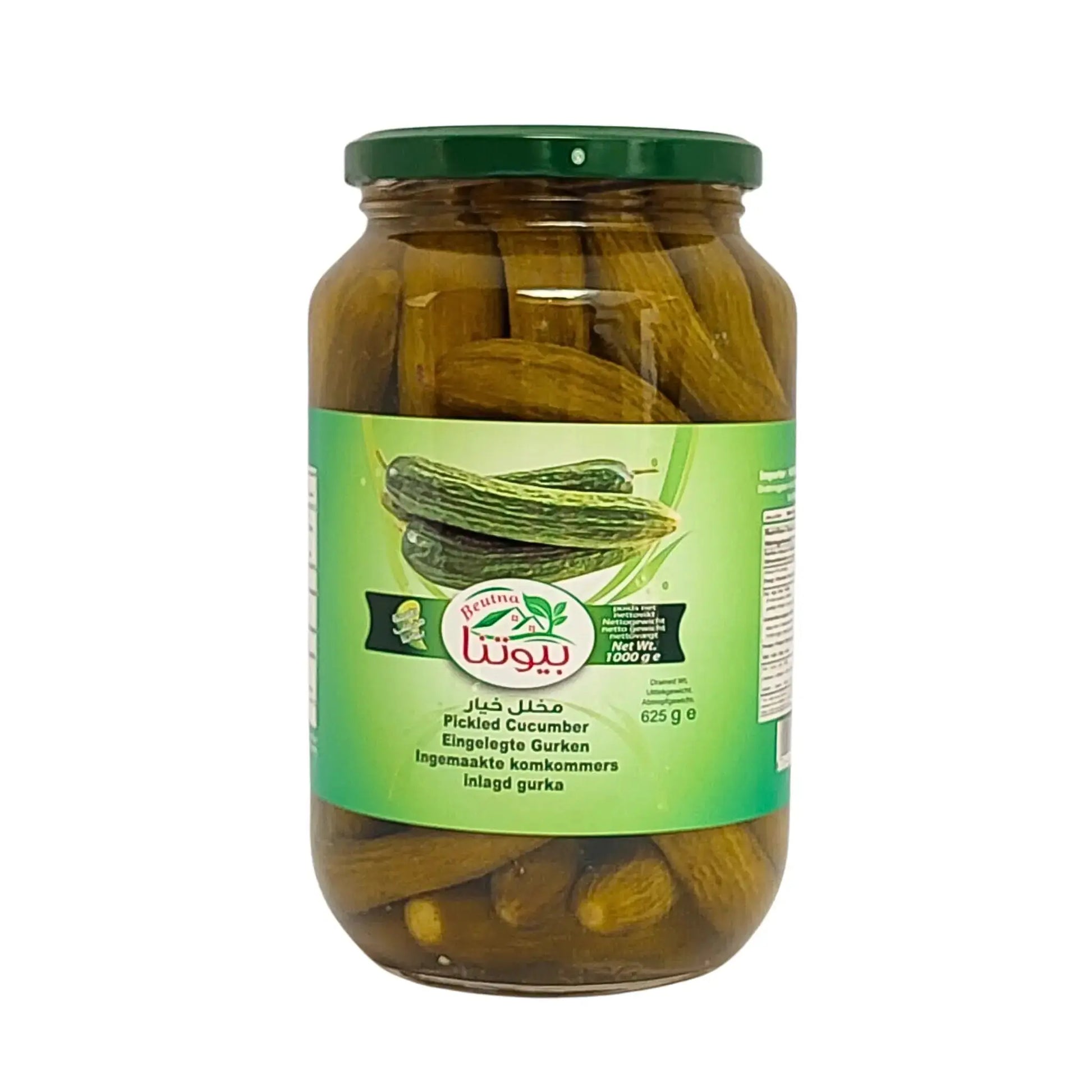 Burk med inlagd gurka 625g, etikett med bilder och grön lock, orientaliska smaker