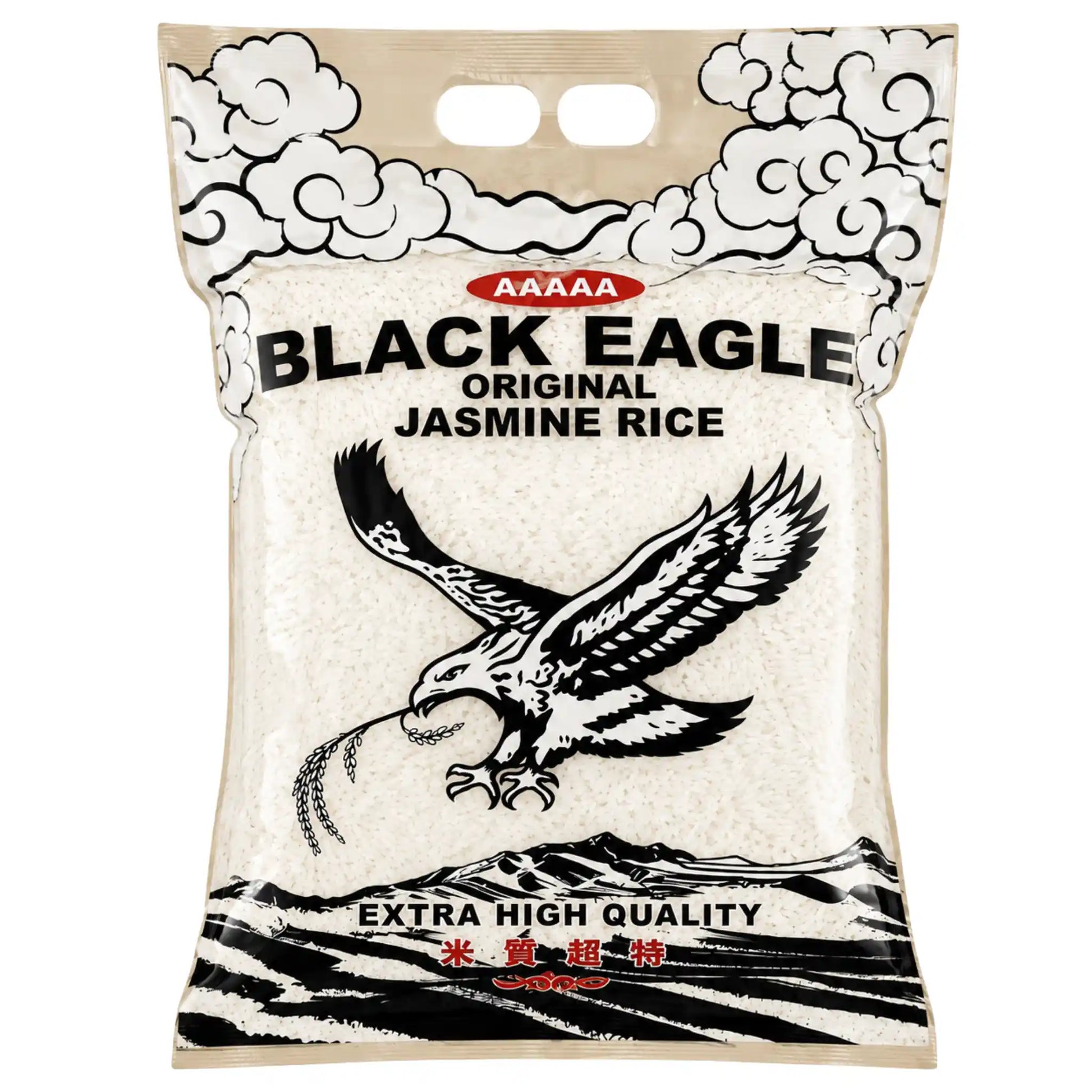 Risförpackning Black Eagle Jasminris 5 kg i beige påse med fågel- och molnmotiv