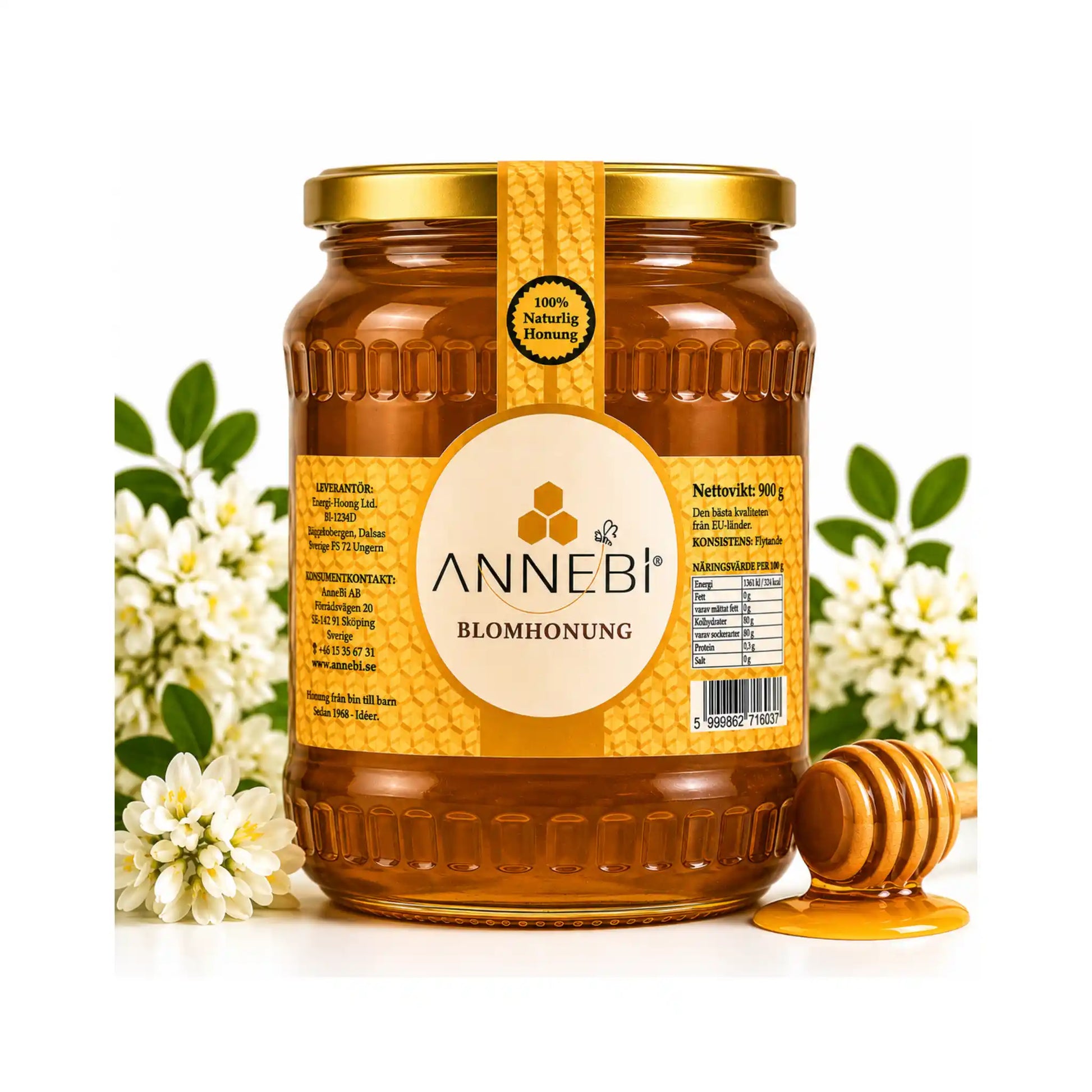 Blomhonung ANNEBI i glasburk med guldfärgat lock, 500 g