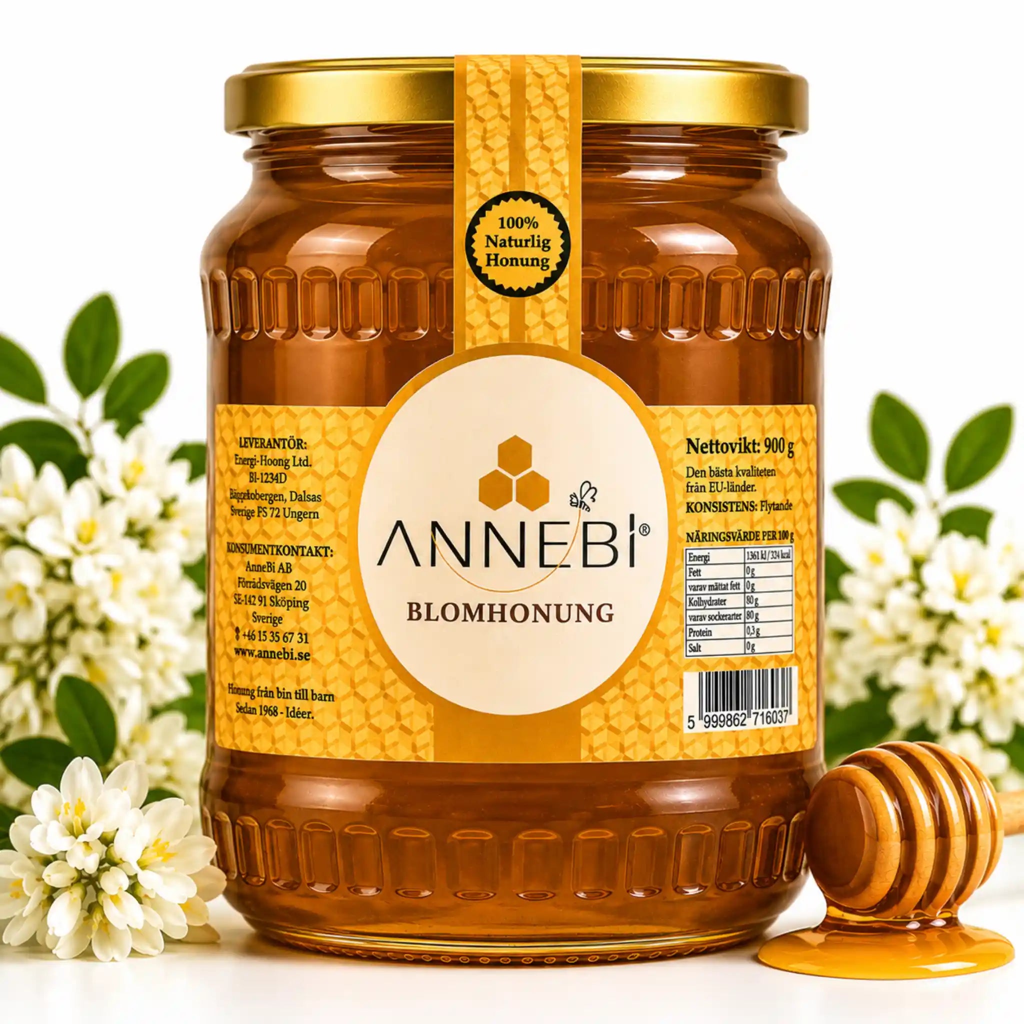 ANNEBI blomhonung i glasburk, 900 g-etikett
