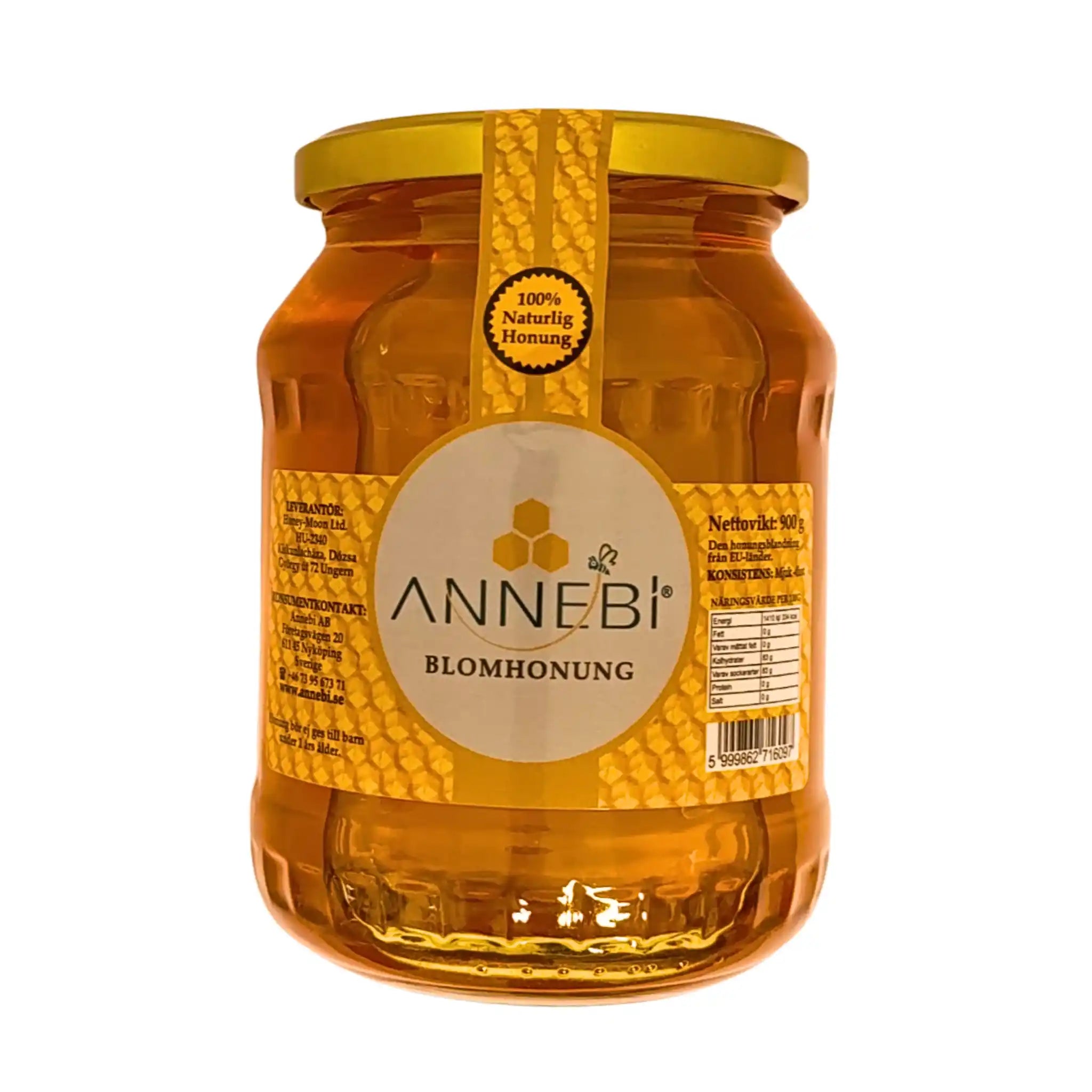 Glasburk med ANNEBI blomsterhonung, 900 g, naturlig honung, etikett med bikakemönster
