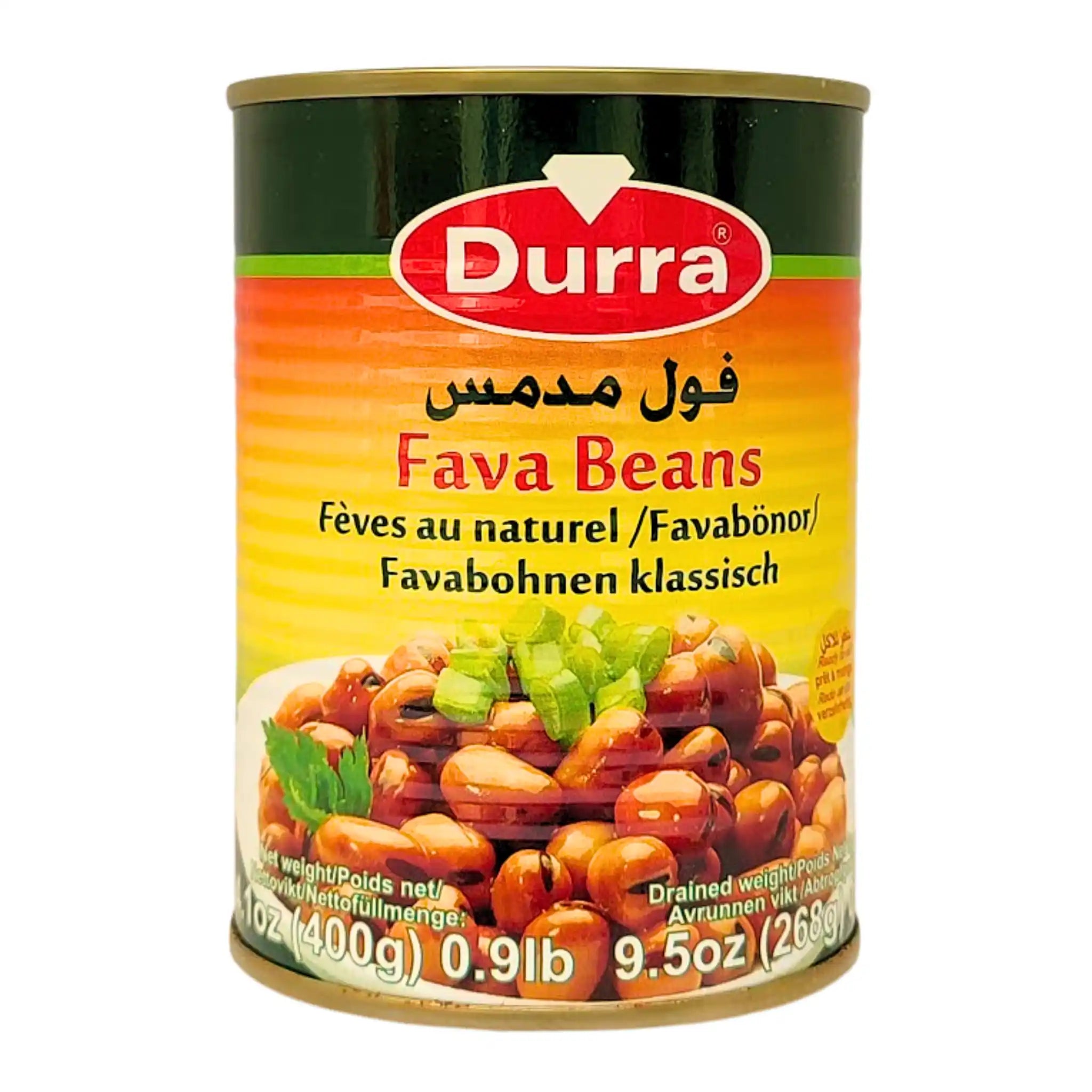 Durra konserverade favabönor 400g, orientalisk mat, tydlig etikett med bönor och örter