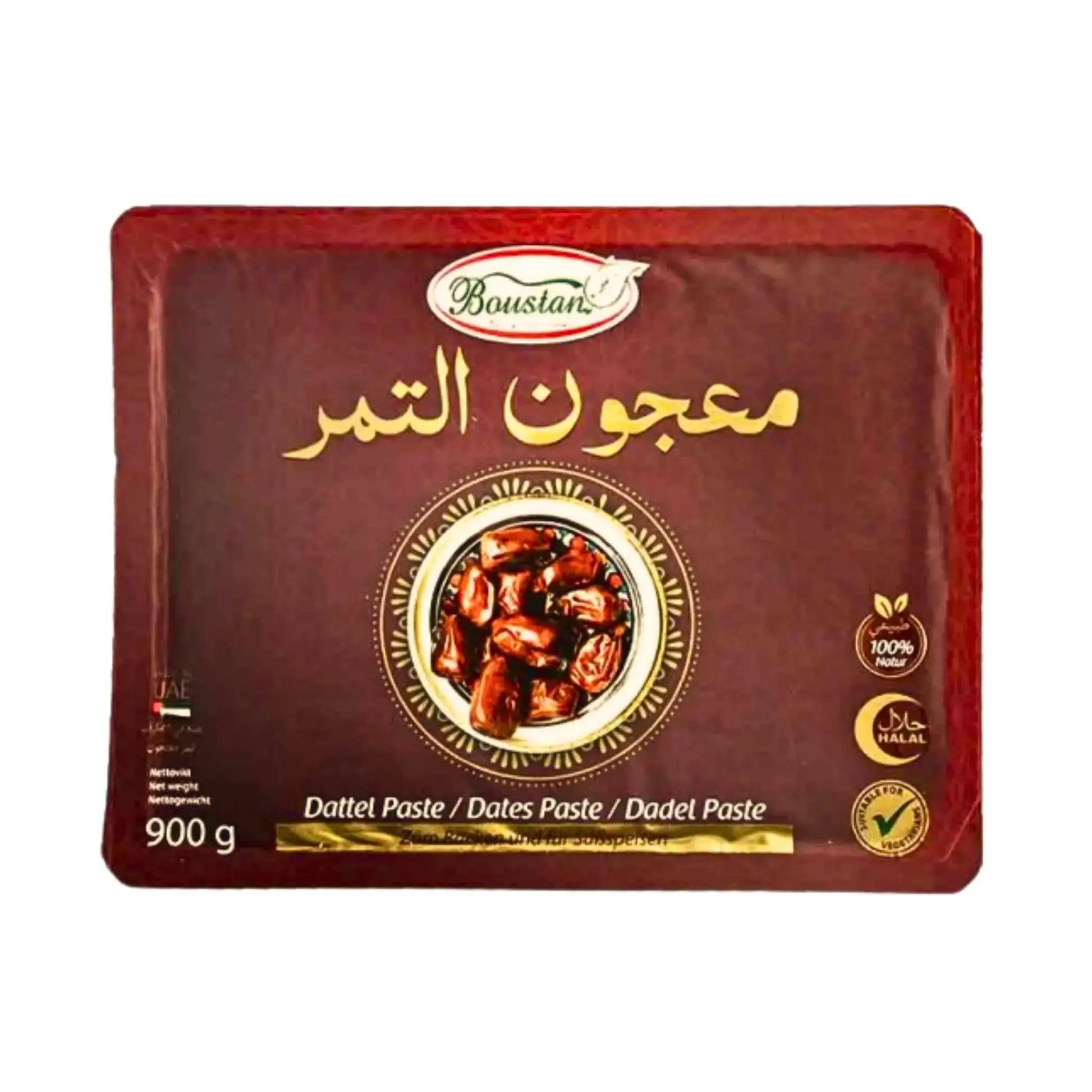 Förpackning med dadelpasta 900g, mörkröd design och bild på dadlar, halal och vegansk produkt.