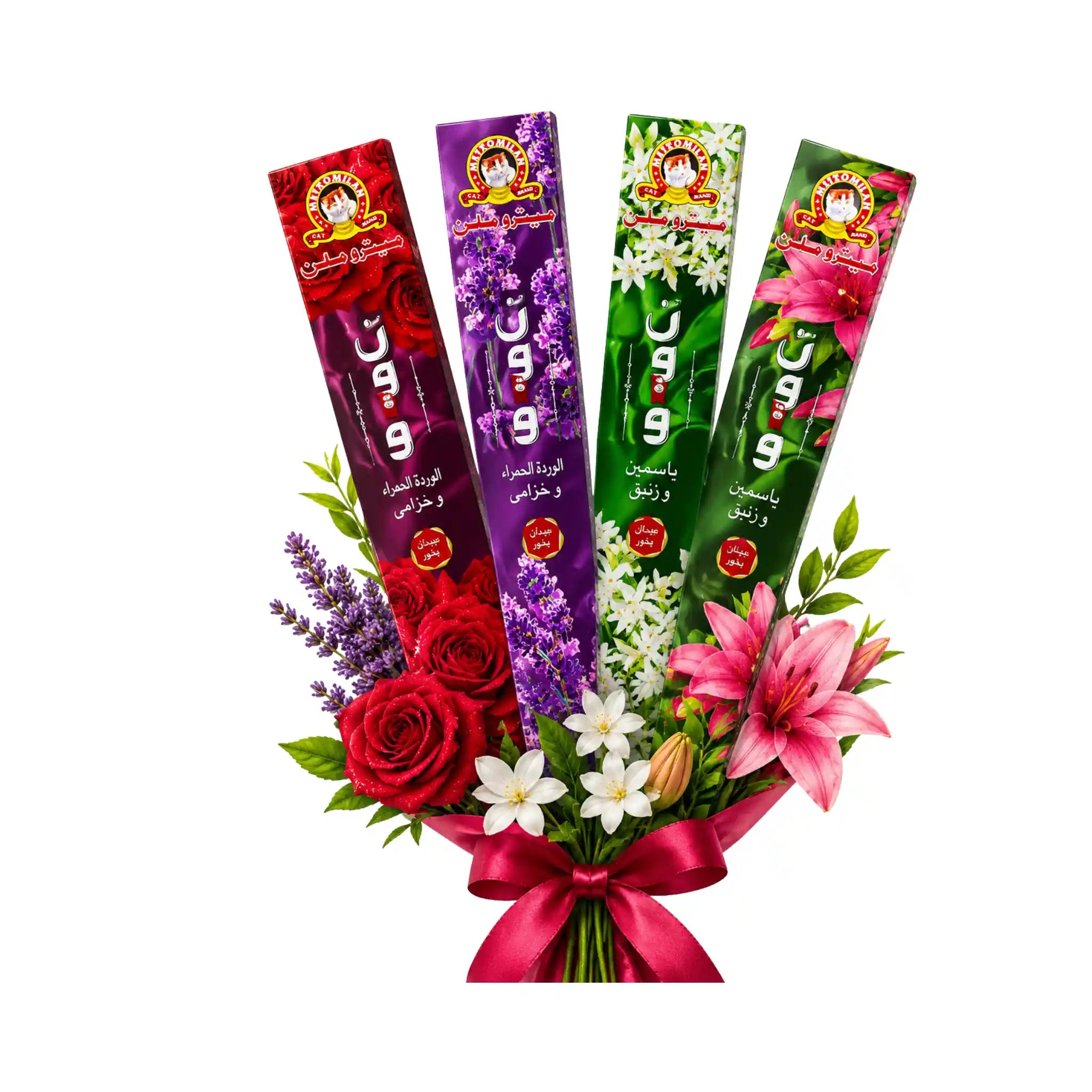Rökelser 12-pack i dekorativ bukettförpackning med blommor och satinrosett