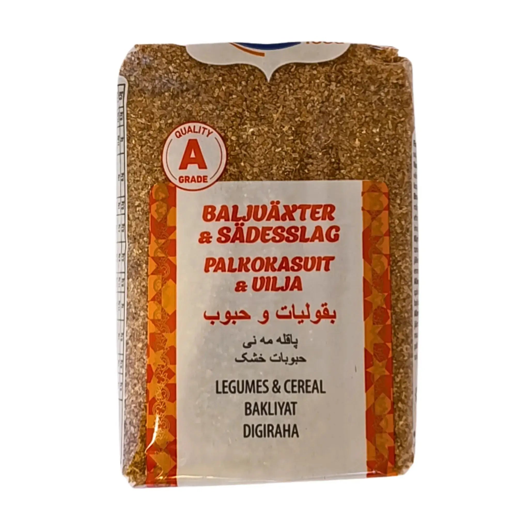 Förpackning med bulgur brun fin, 800g, tydlig etikett med flera språk och A-kvalitetsmärke.