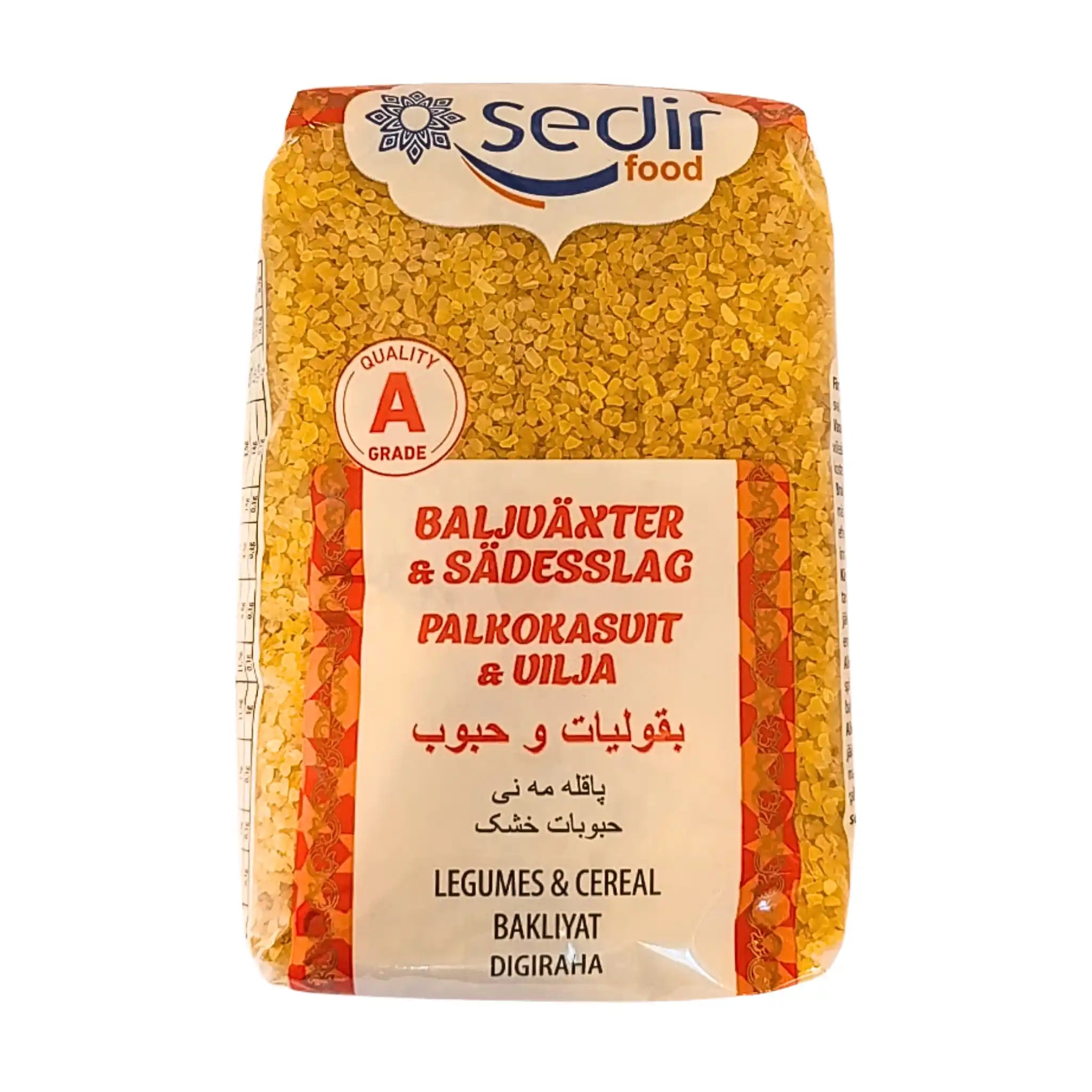 Sedir bulgur medium 800g i genomskinlig plastförpackning, baljväxter och sädesslag.