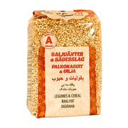 Förpackning med skalade vetekorn 800g, tydlig etikett med texten baljväxter och sädesslag.