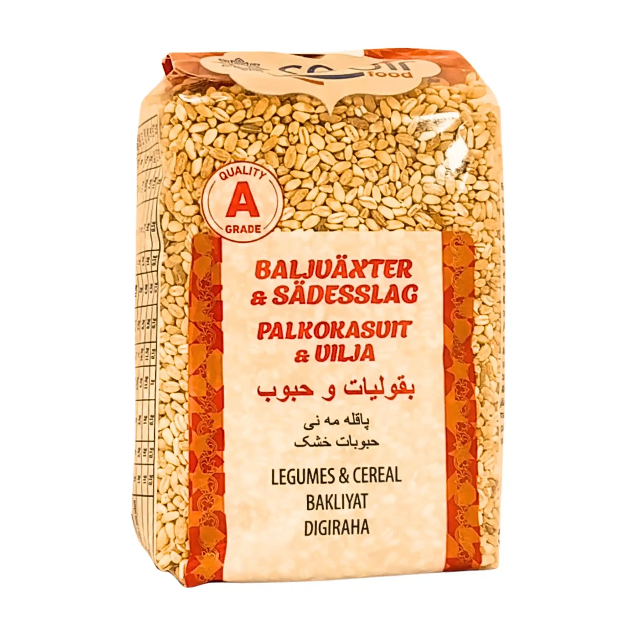 Förpackning med skalade vetekorn 800g, tydlig etikett med texten baljväxter och sädesslag.