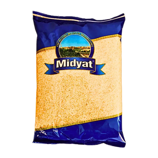 Bulgur i genomskinlig och blå påse med texten Midyat, orientaliska matvaror.