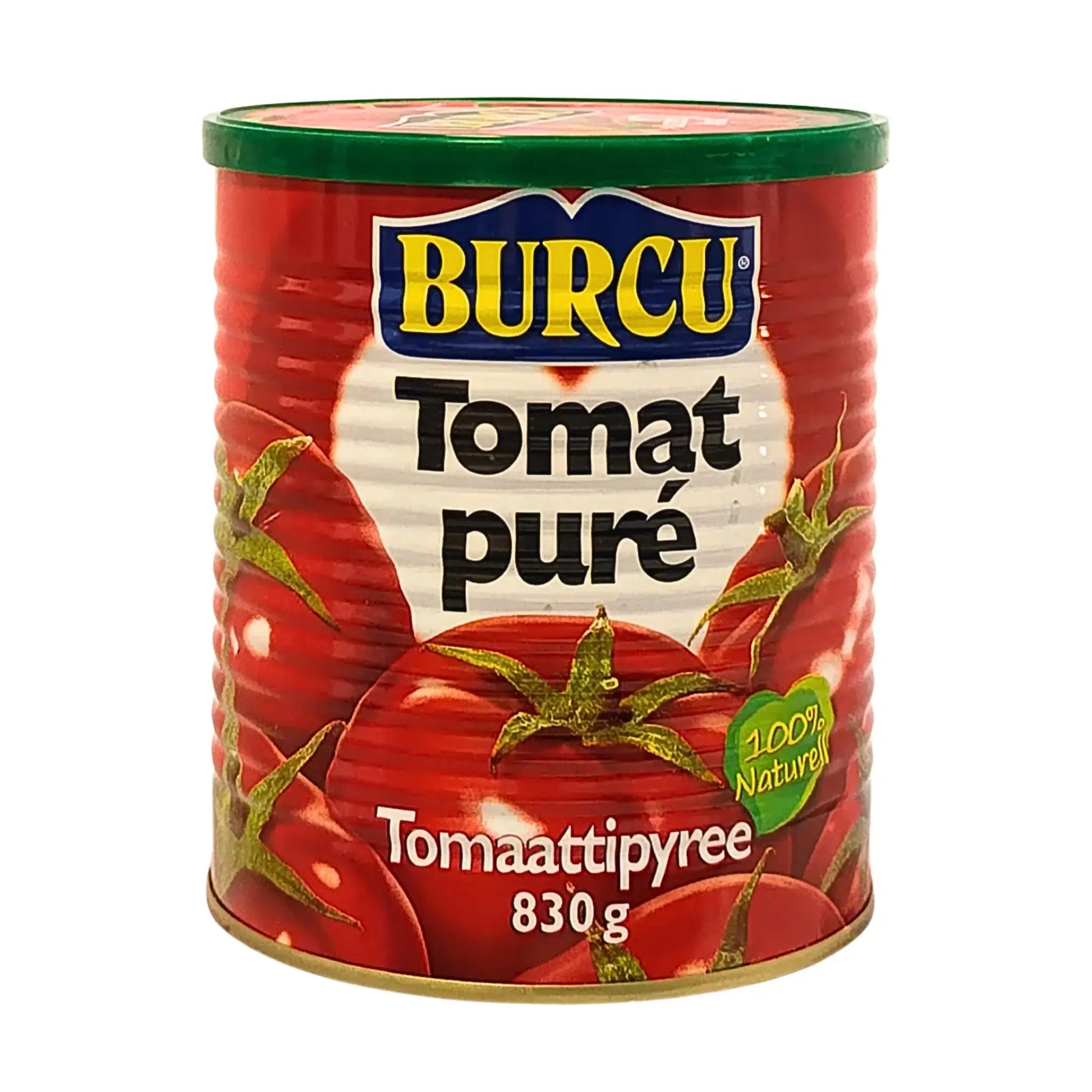Burcu tomatpuré 830g burk, röd förpackning med tomatmotiv, orientaliska kolonialvaror