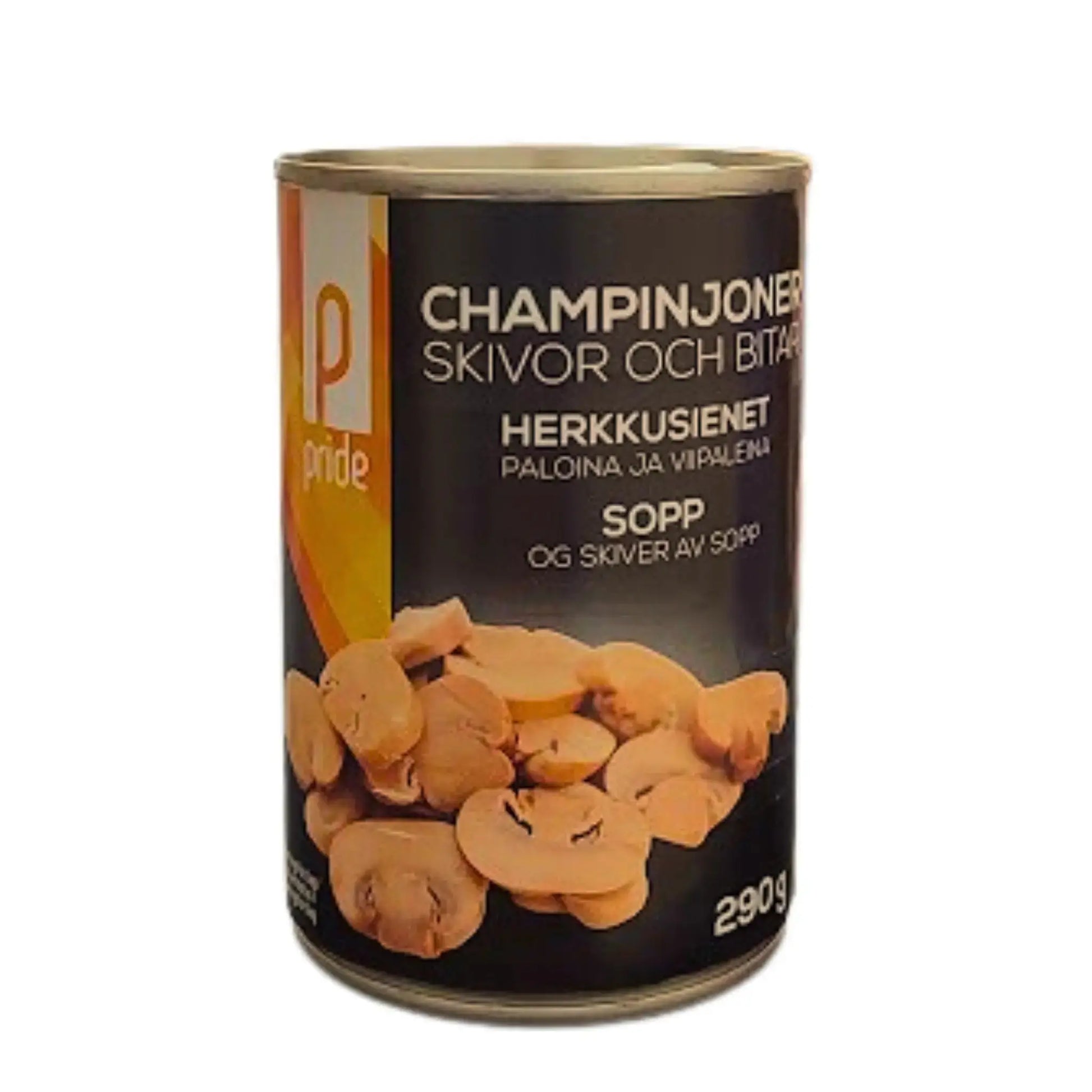 Konservburk med skivade champinjoner, 290g, tydlig etikett på vit bakgrund.