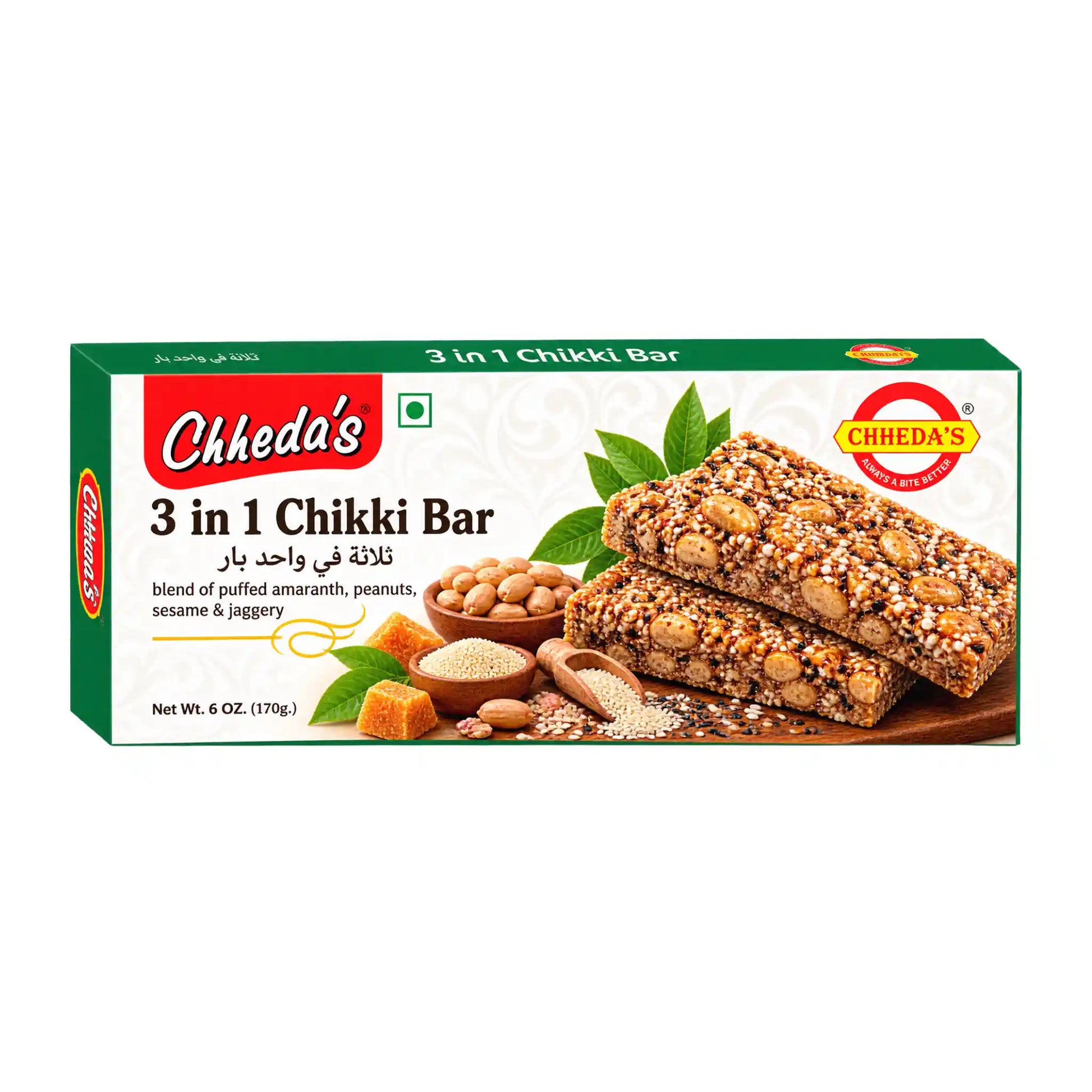 Förpackning med Chheda's 3in1 Chikki 170g tre sorters indiska chikki-bars.