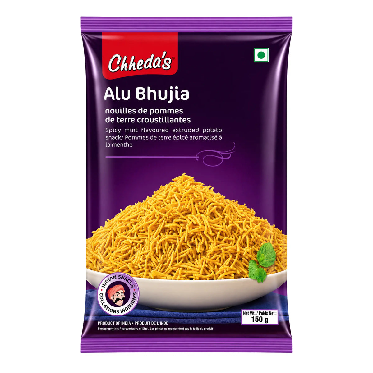 Chheda's indiskt potatissnacks i mörk påse med gul kryddig strössel