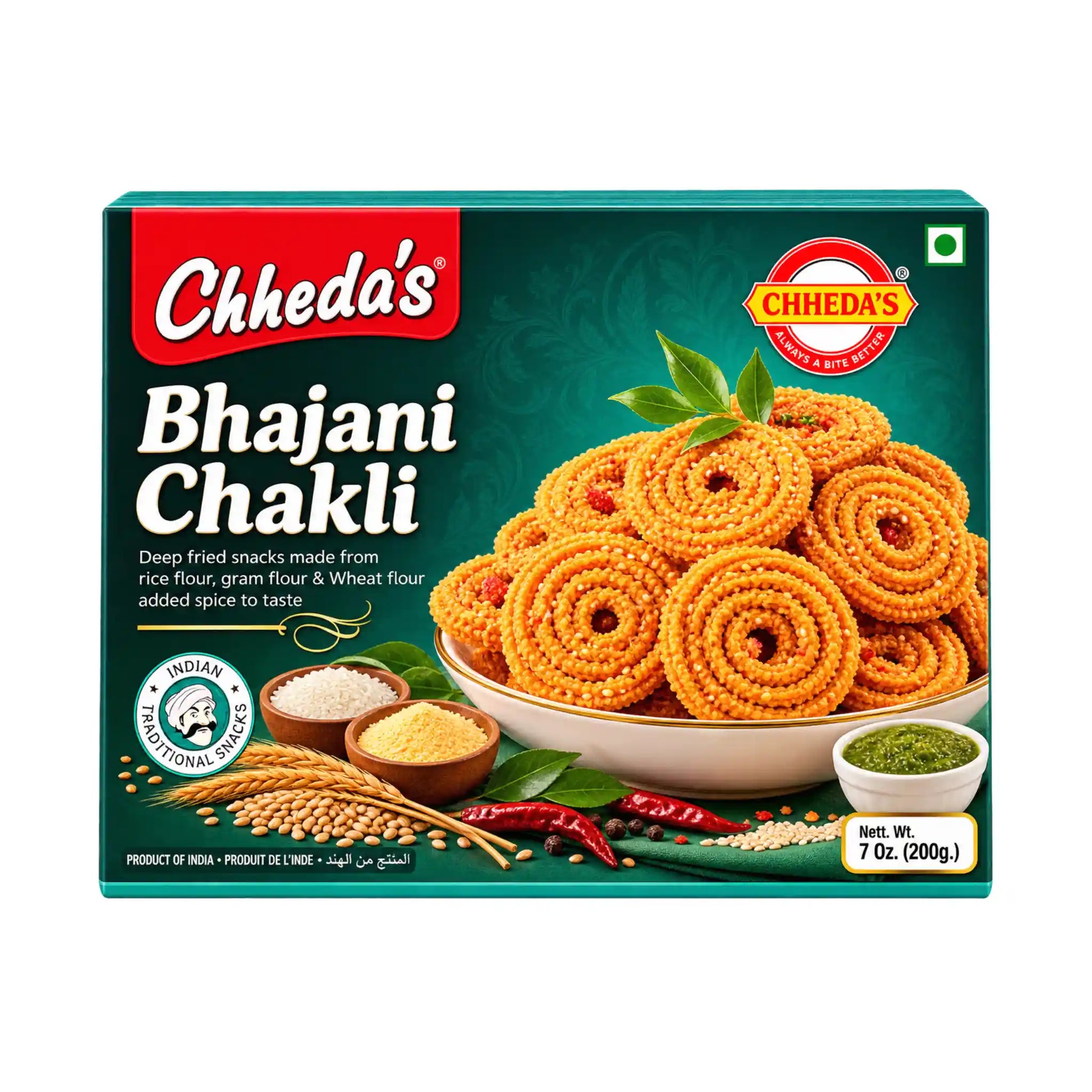 Förpackning med Chheda's Bhajani Chakli 200g sprött och kryddigt indiskt snacks.