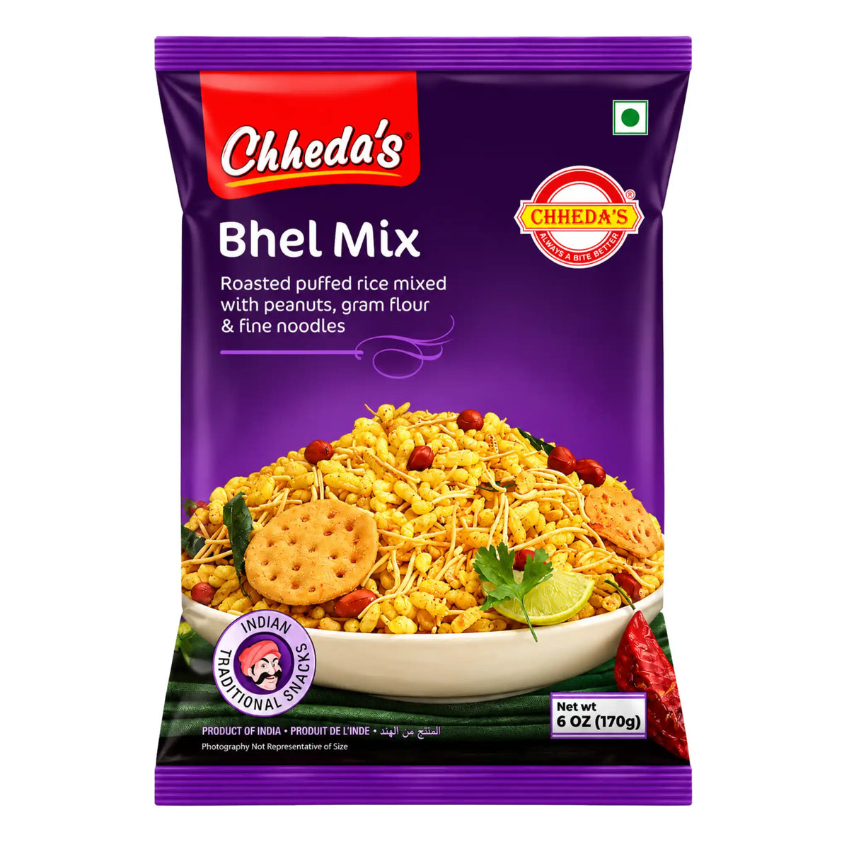 Förpackning med Chheda's Bhel Mix 170g indisk snackblandning