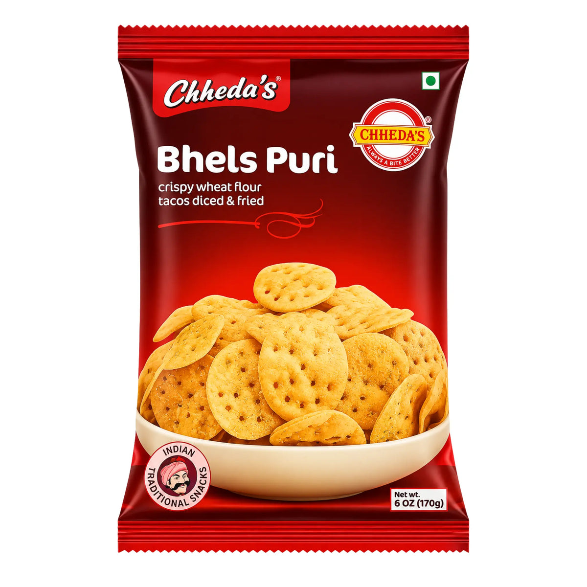 Chheda's Bhel Puri 170g förpackning – krispig indisk snacksmix med puffat ris och sev