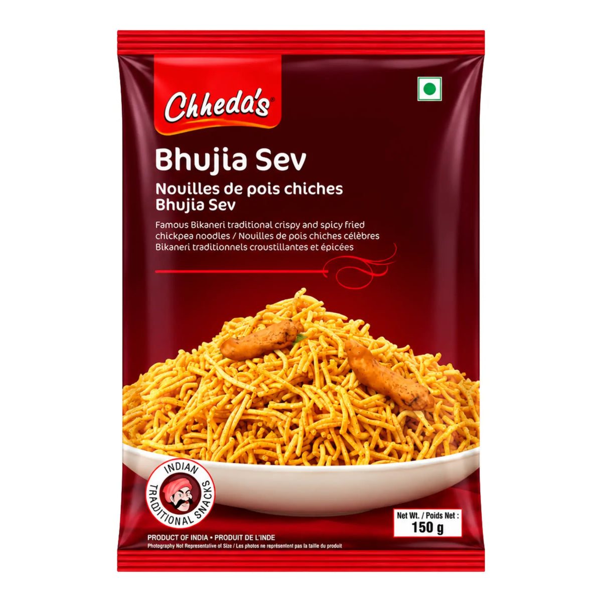 Förpackning av Chheda’s Bhujiya Sev 150g spröda och kryddiga indiska snacks