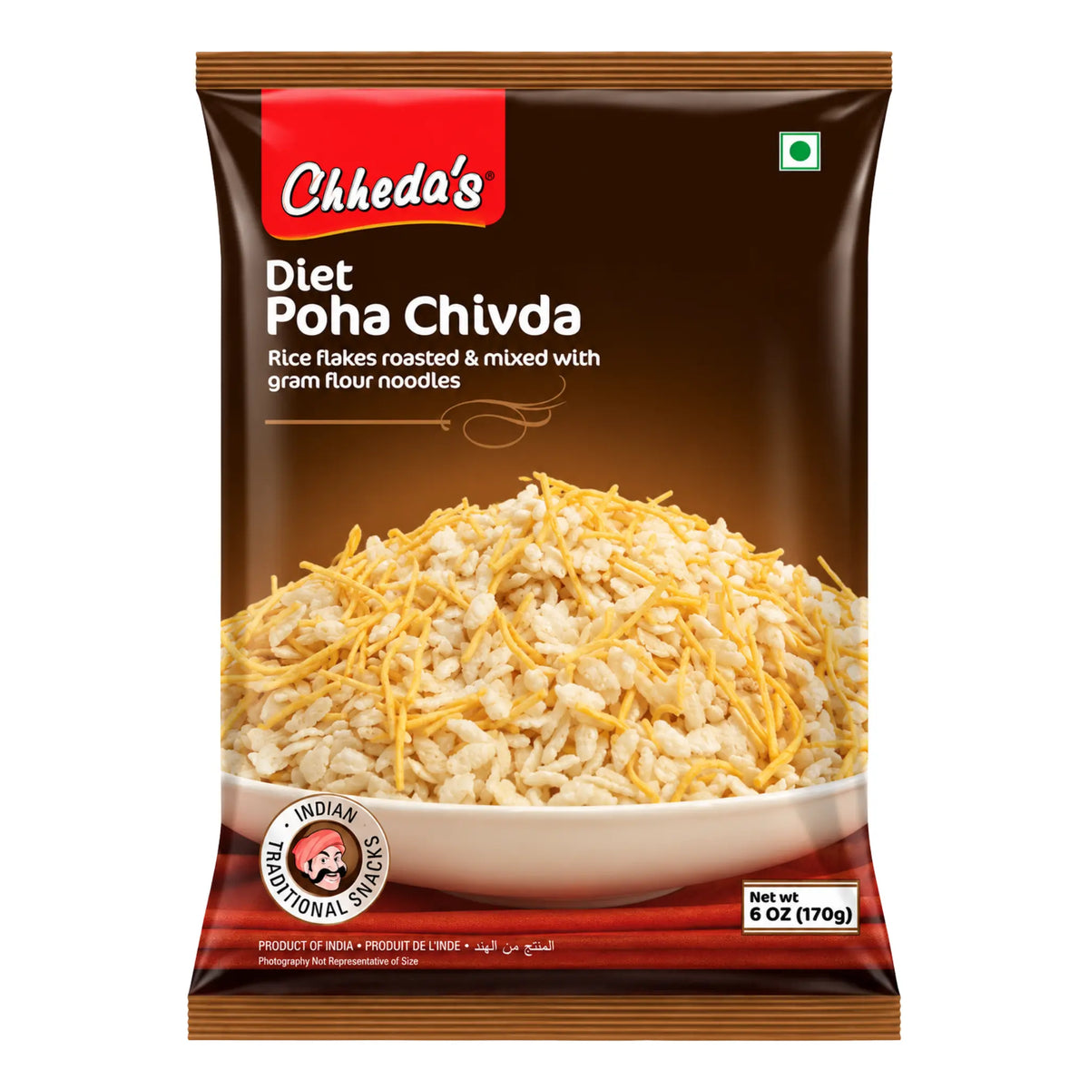 Förpackning av Chheda’s Diet Poha Chivda 170g lätt rostat indiskt rissnack
