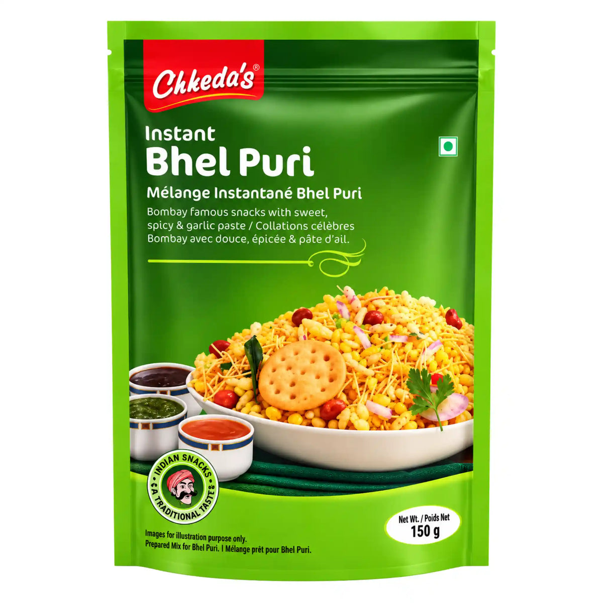 Chheda's Instant Bhel Puri med Chutney 150g förpackning – indisk snacksmix med puffat ris och chutney