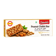 Förpackning med Chheda's Jordnötter Chikki Bars 170g knapriga jordnötsbars med jaggery.