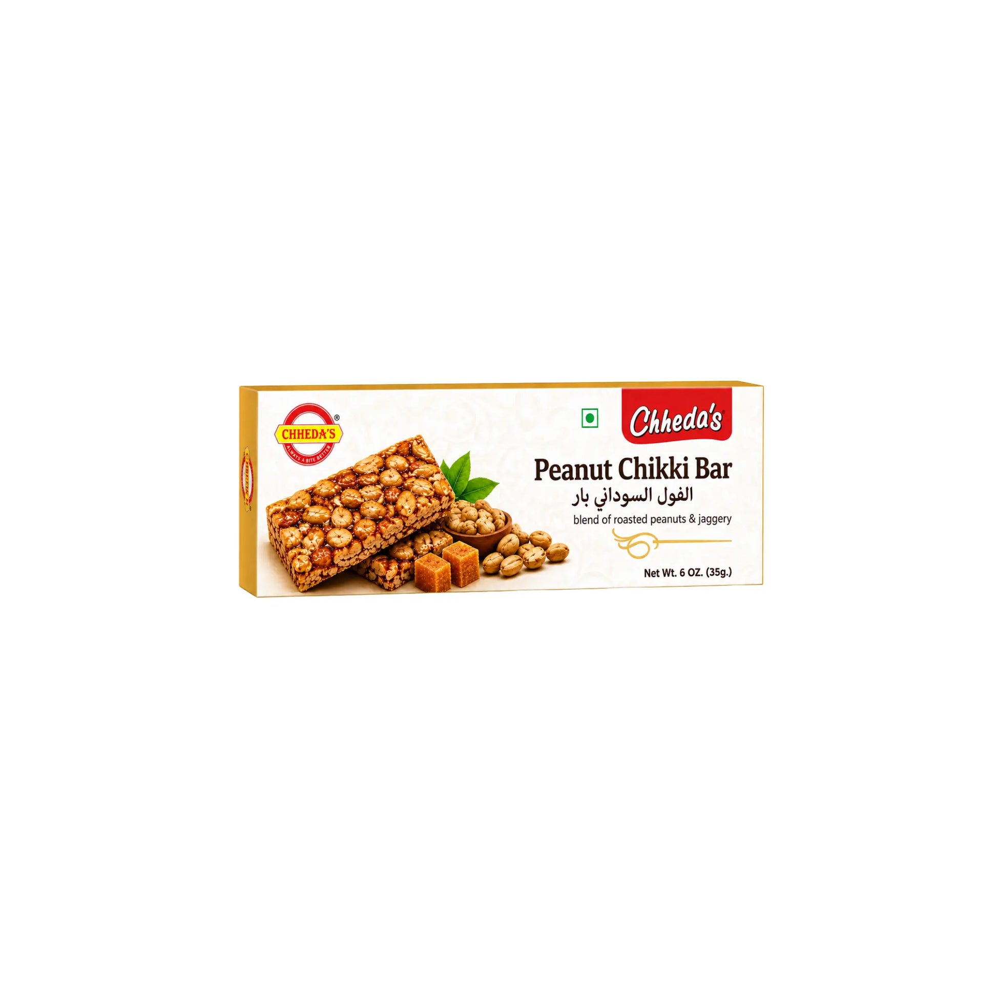 Chheda's Jordnötter Chikki Bar 35g, krispig indisk jordnötsknäck med jaggery på Shirdell.se.