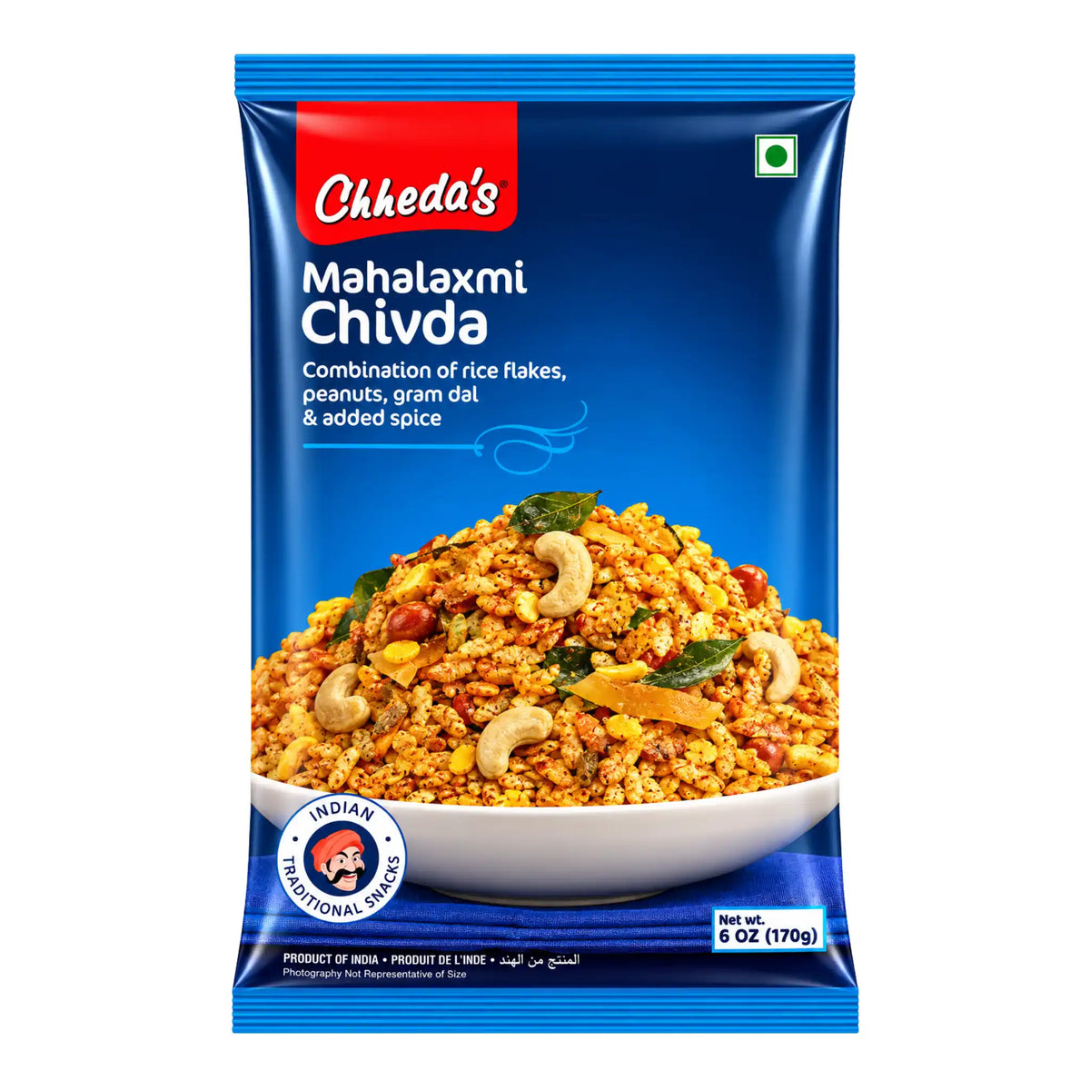 Chheda’s Mahalaxmi Chivda 170g förpackning – krispig indisk chivda med poha, jordnötter och kryddor