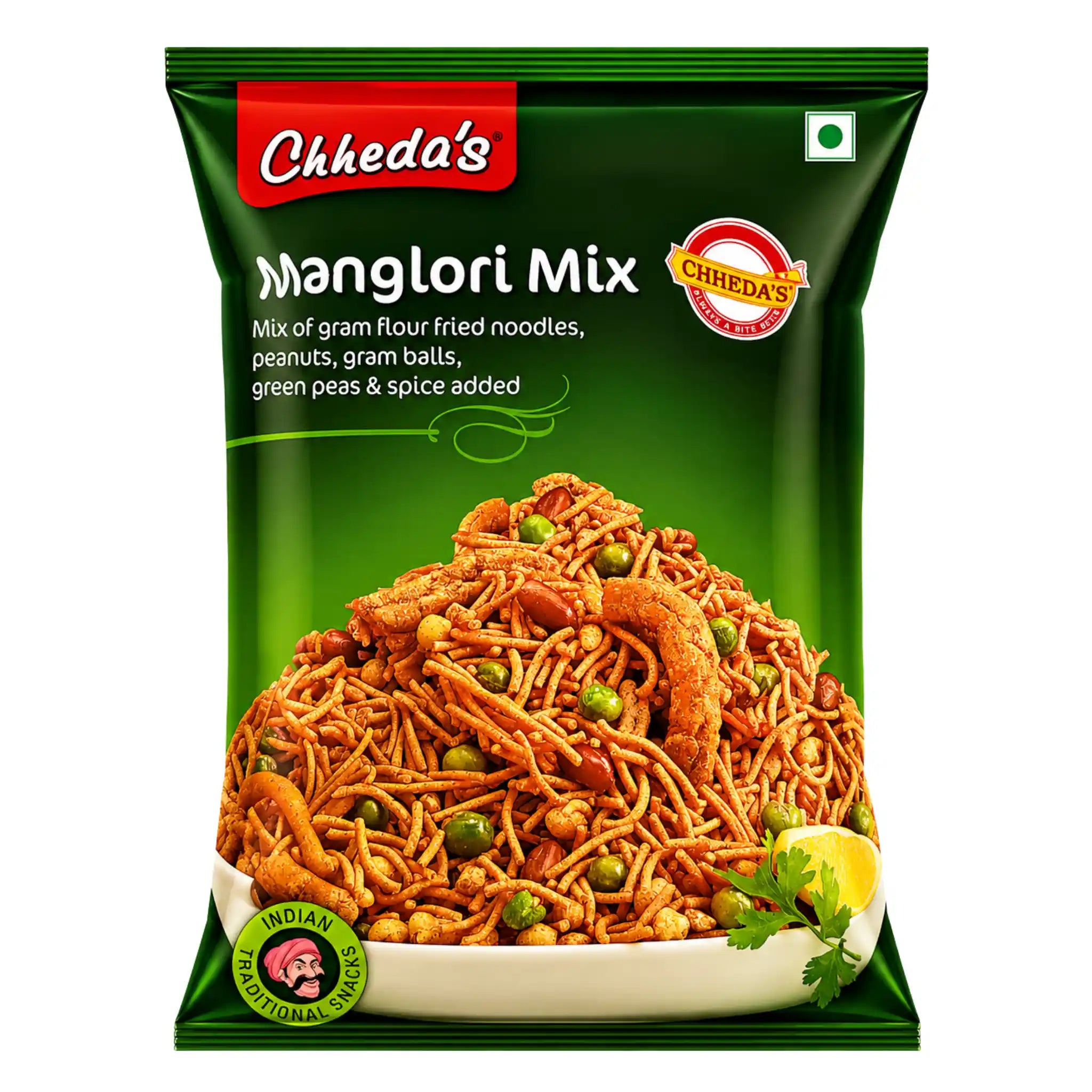 Grön snackpåse med Chheda's Mangalori Mix och bild av krispiga nudlar