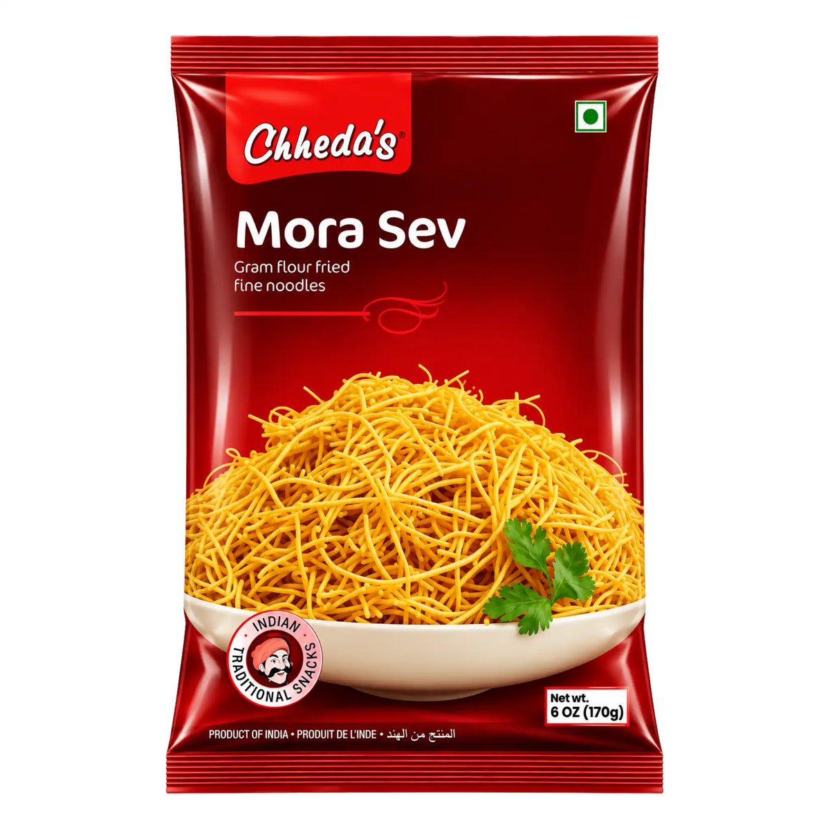 Påse med Chheda’s Mora Sev 170g – milda och krispiga gula kikärtsnudlar för snacks och chaat