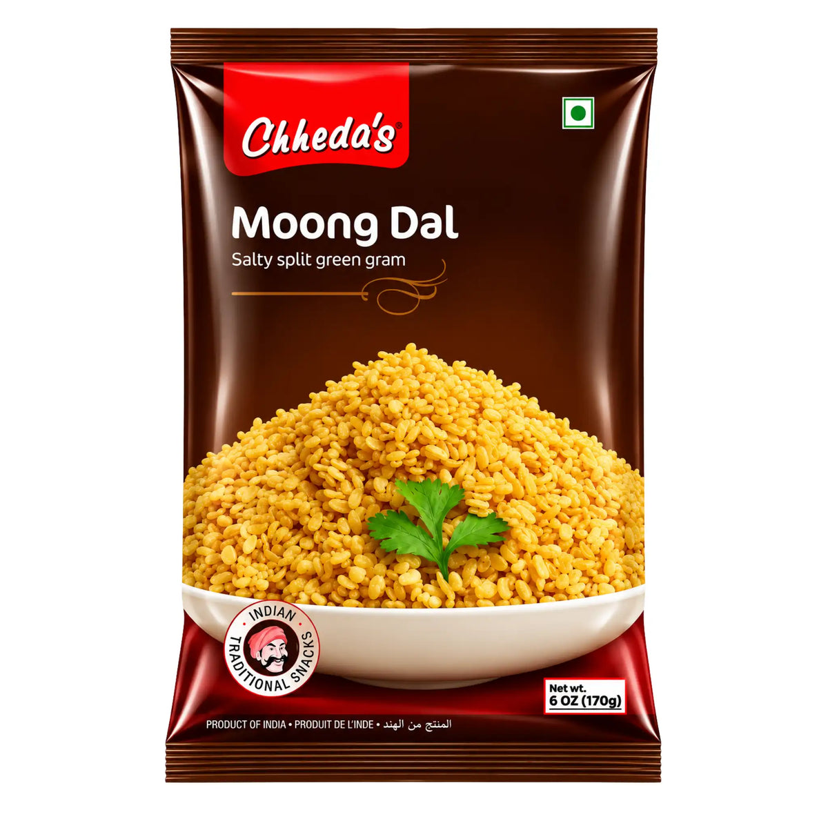 Chheda’s mung dal-förpackning: brun påse med bild på gula mungbönor