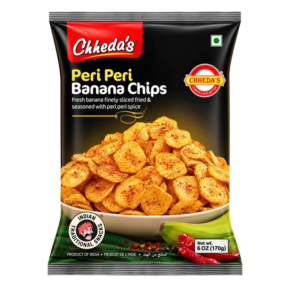 Chheda's Peri Peri Banana Chips 170g påse med tunna kryddade bananchips med röd Peri Peri-krydda