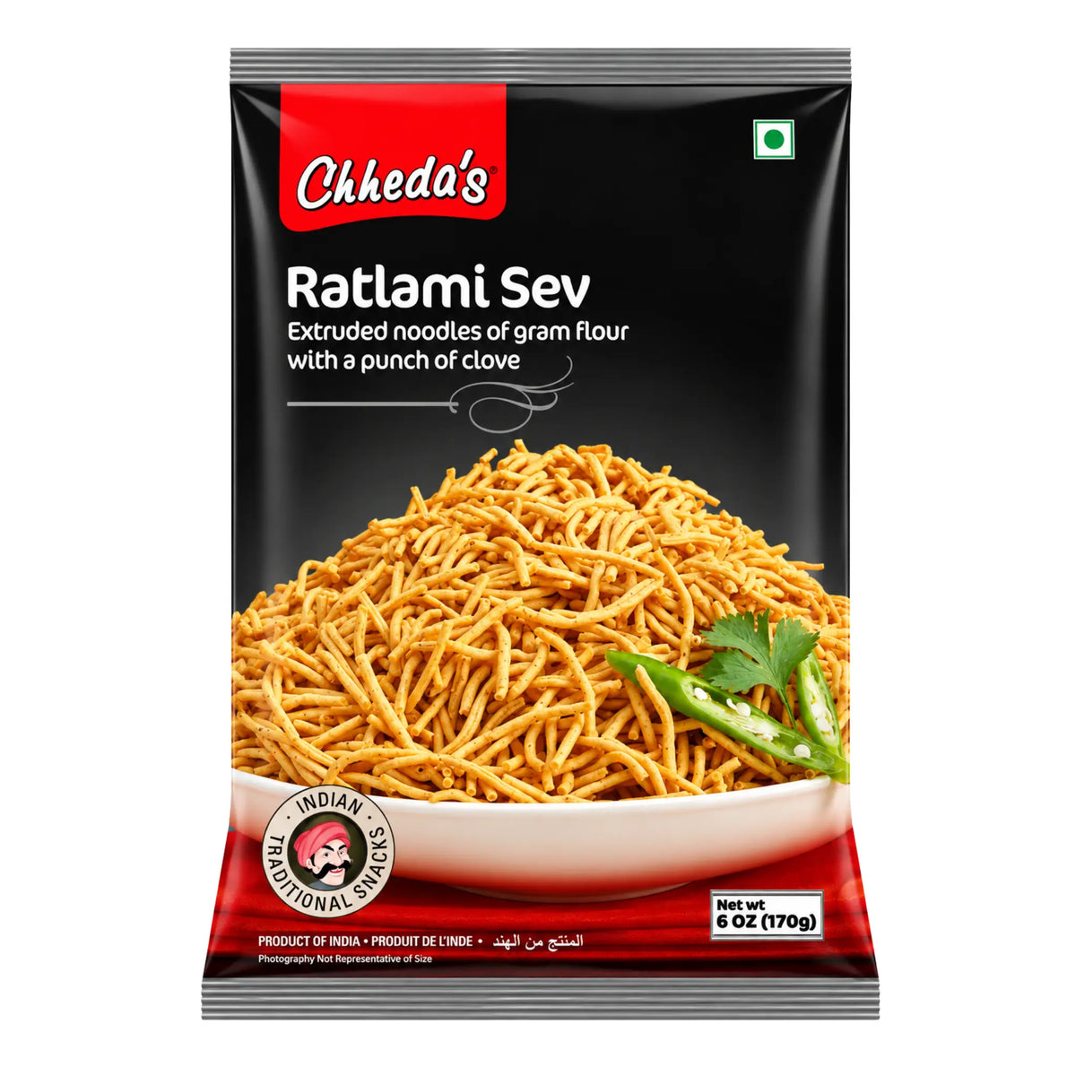 Förpackning av Chheda’s Ratlami Sev 170g kryddstarka indiska kikärtssnacks