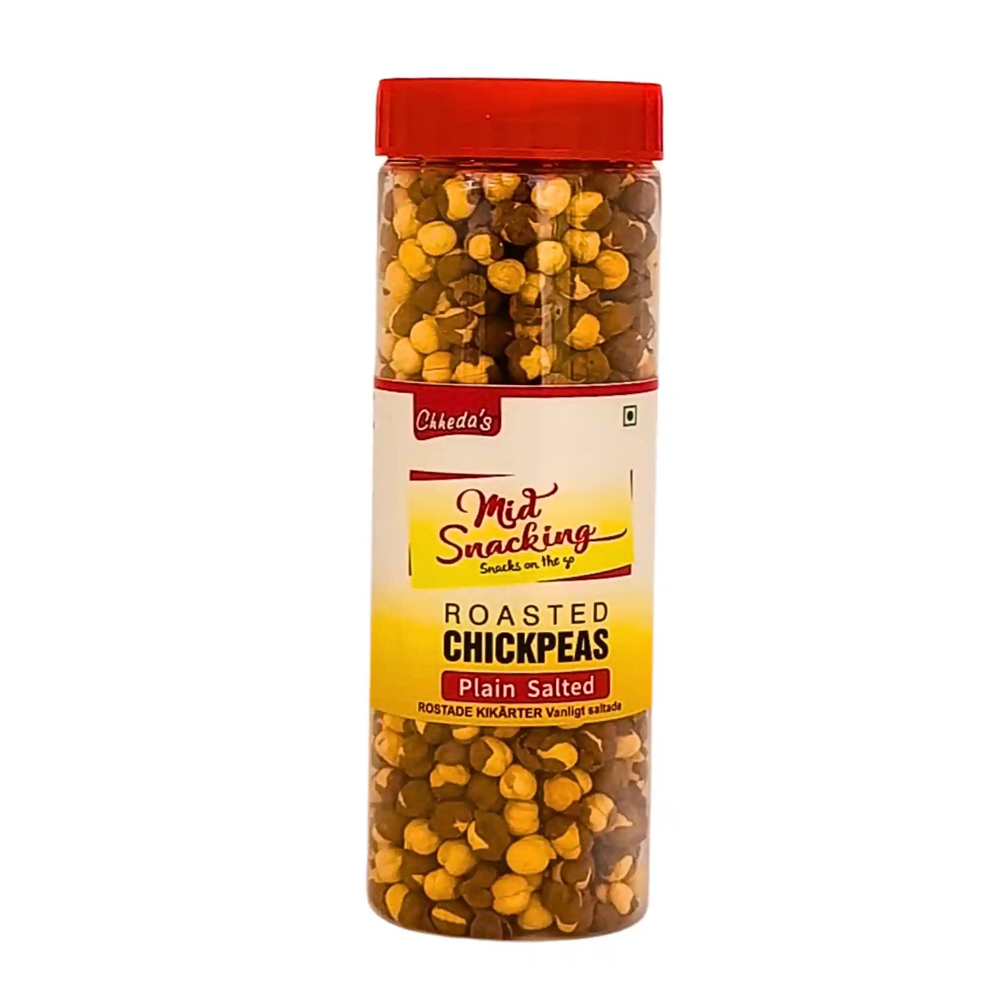 Rostade kikärter i plastburk med röd lock, etikett med texten 'Roasted Chickpeas Plain Salted'.