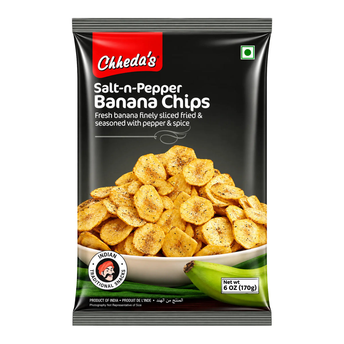 Chheda’s Salt-N-Pepper Banana Chips 170g förpackning – krispiga skivade bananchips med salt och svartpeppar