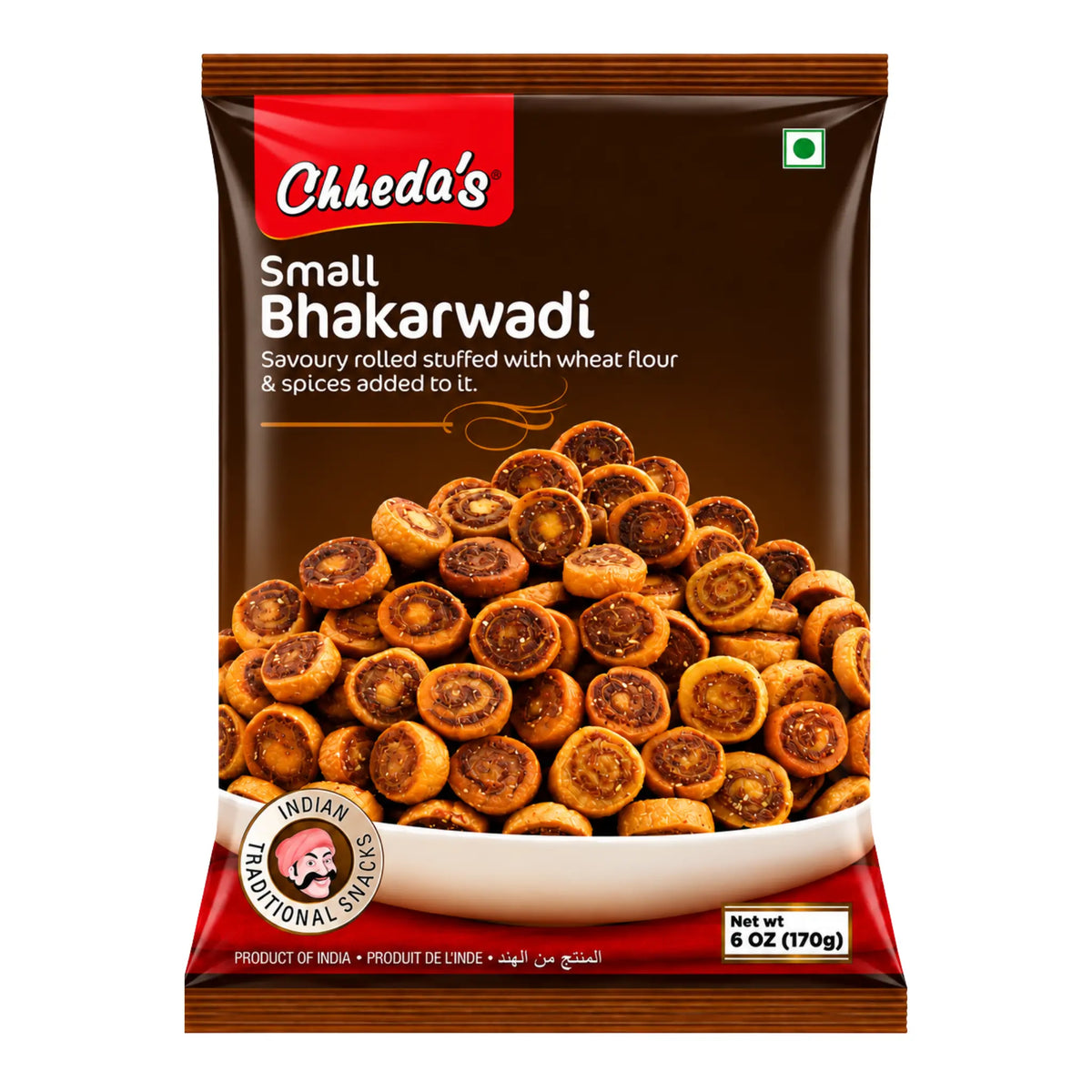Bhakarwadi-snacks i brun påse med Chheda’s Small Bhakarwadi-etikett, 170 g