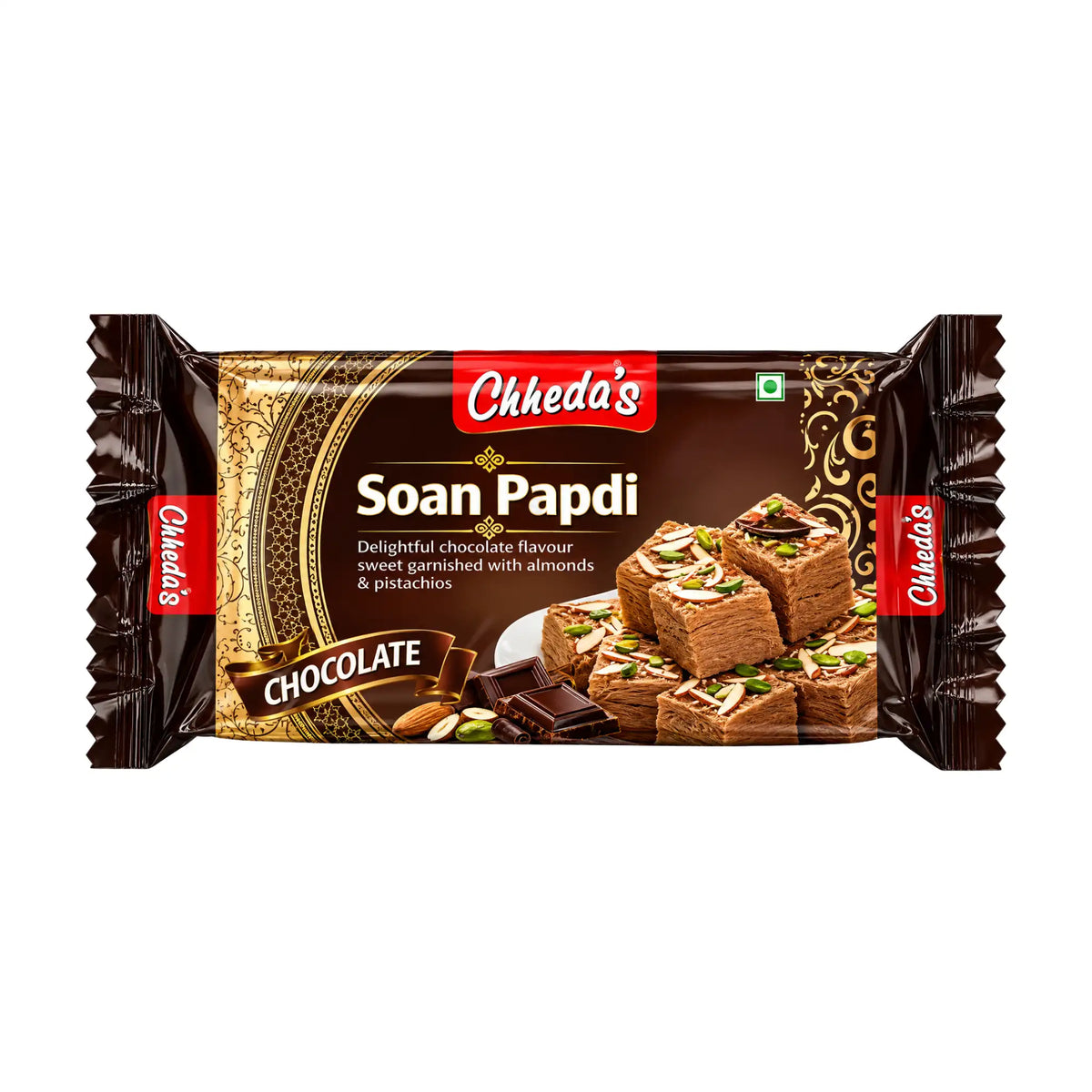 Chheda's Soan Papdi Chocolate förpackning med spröda kubformade indiska chokladsötsaker toppade med nötter