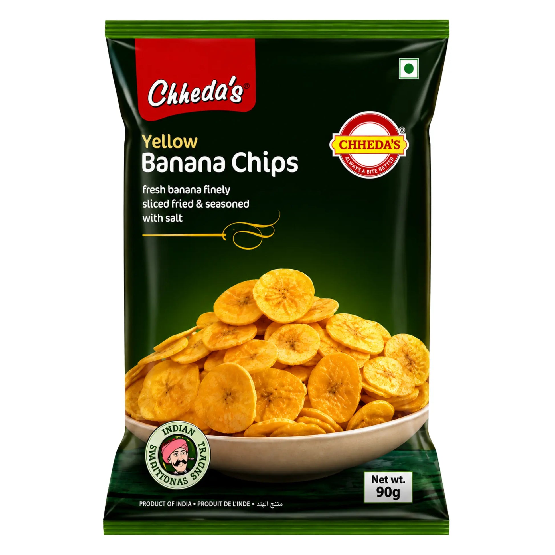 Förpackning med Chheda’s Yellow Banana Chips 170g, krispiga indiska bananchips på Shirdell.se.