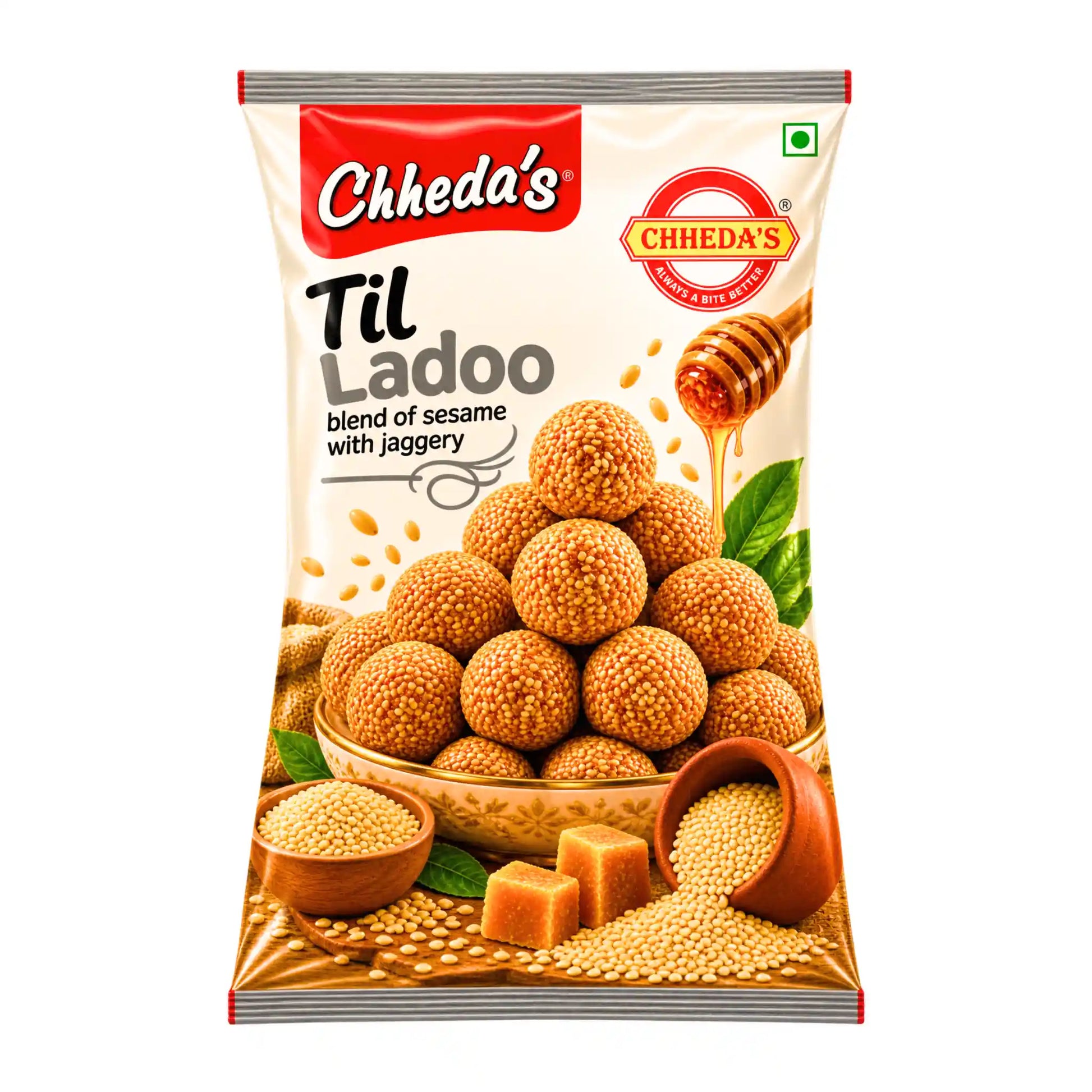 Förpackning med Chhedda's Til Ladoo 200g indiska sesambollar med jaggery.