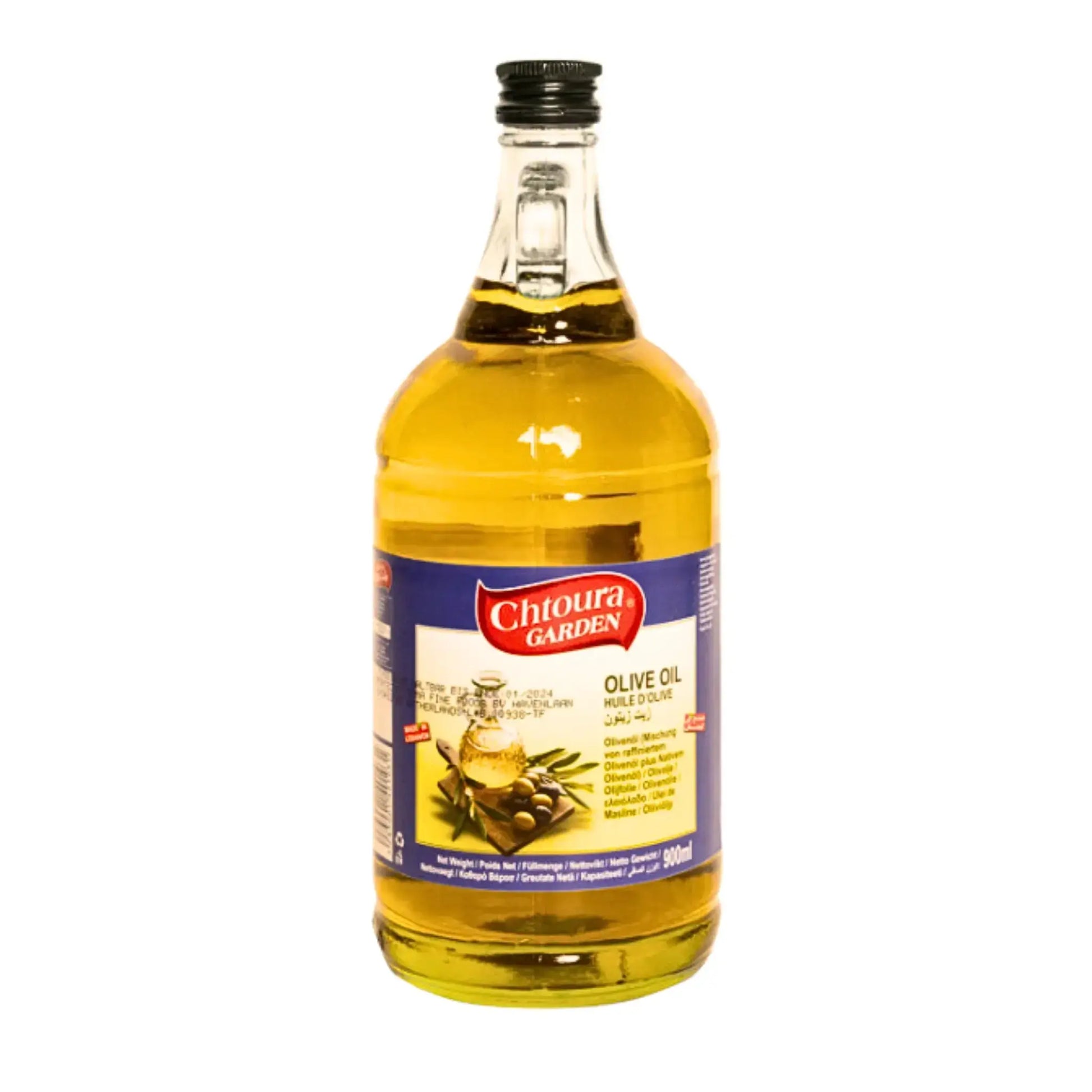 Stor flaska Chtoura Garden extra jungfruolivolja, 750 ml, med grön etikett.