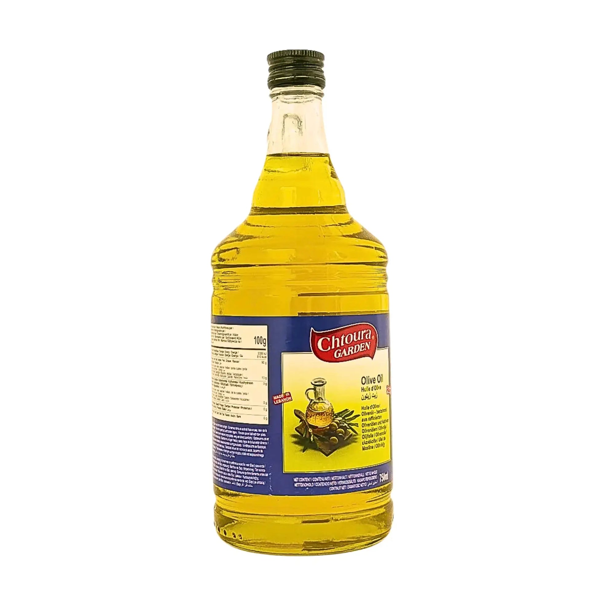 Flaska med extra jungfruolivolja 750ml, tydlig etikett och gul olja på vit bakgrund