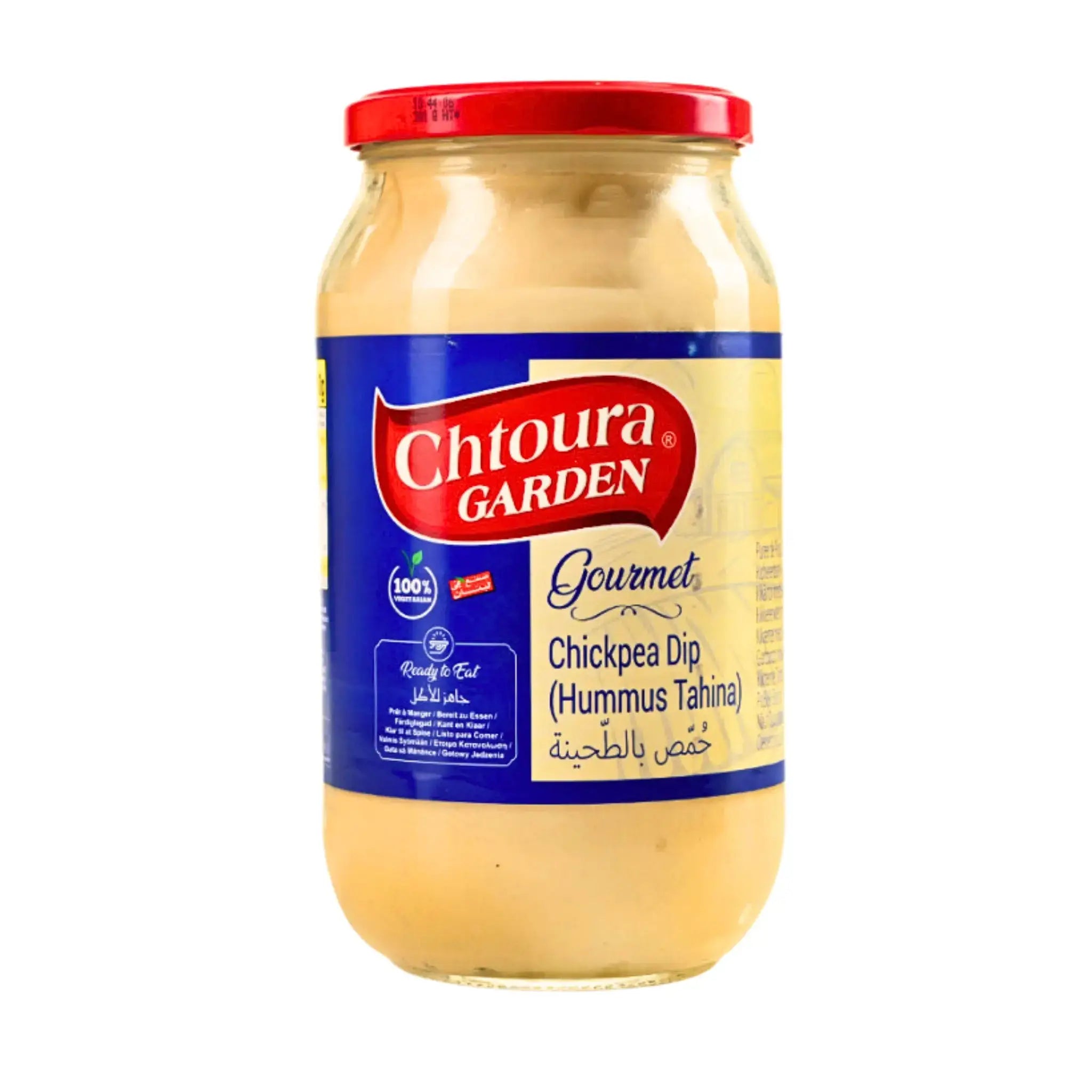 Kikärtsdipp hummus tahini i stor glasburk, Chtoura Garden etikett, orientalisk produkt
