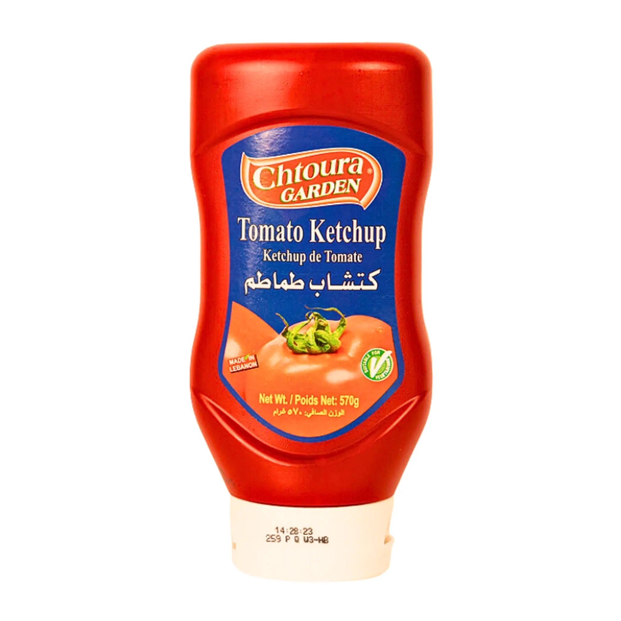 Tomatketchup i plastflaska 570g, orientaliska livsmedel, tydlig blå etikett