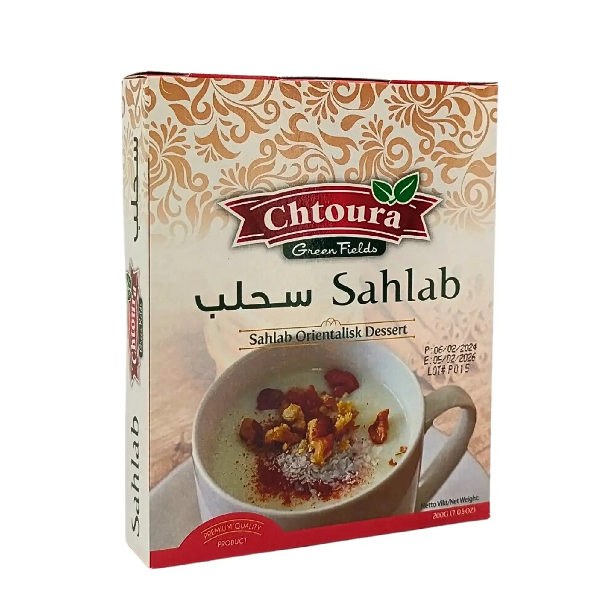 Förpackning av Sahlab orientalisk dessertmix 200g med dekorativ kopp på framsidan.