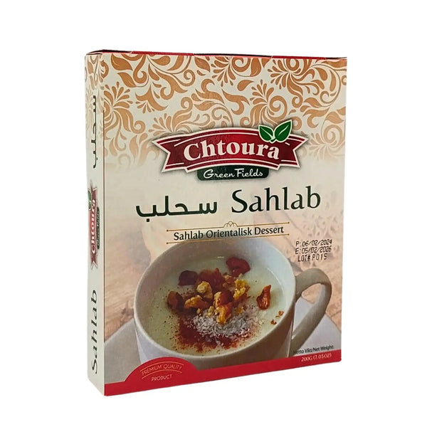 Förpackning av Sahlab orientalisk dessertmix 200g med dekorativ kopp på framsidan.