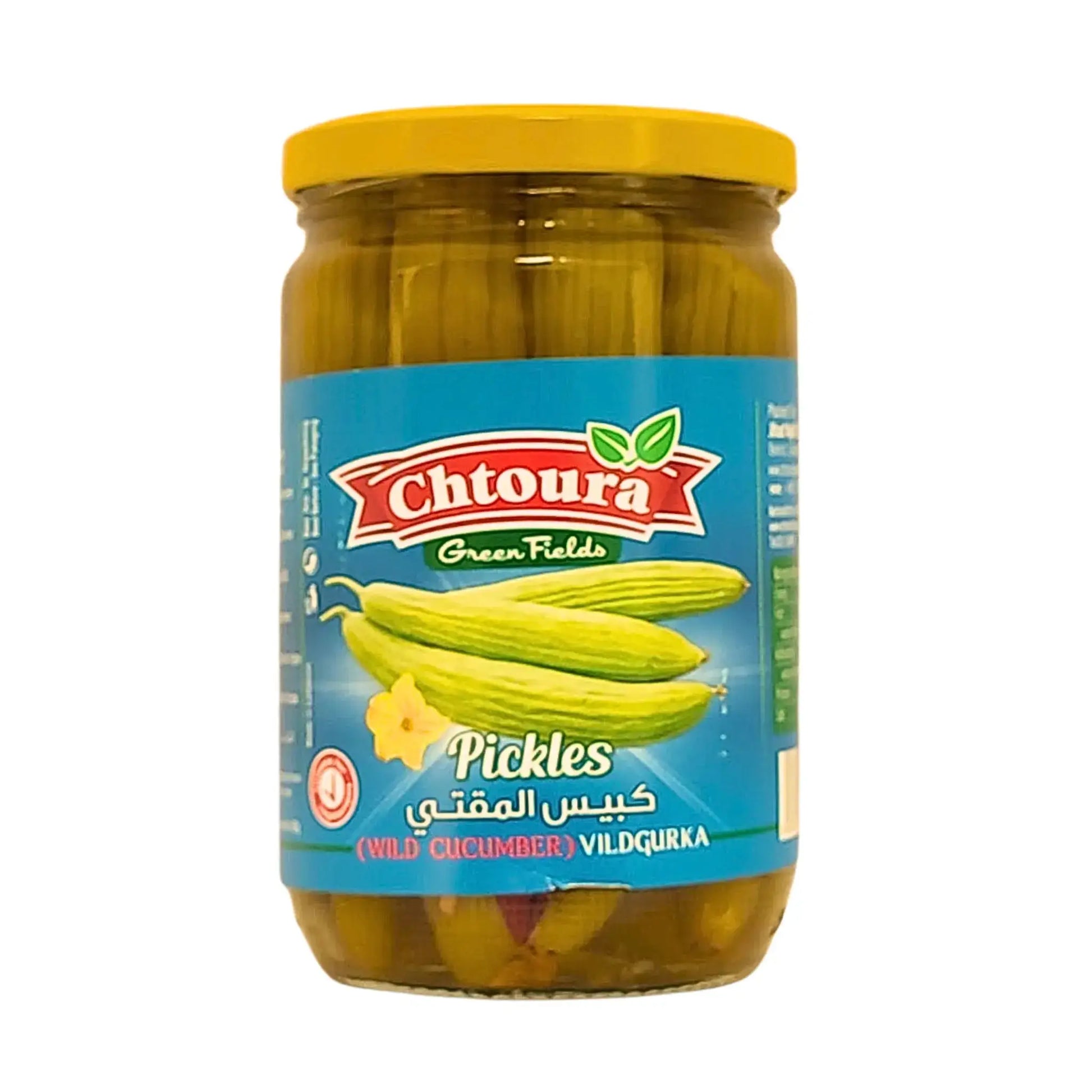 Burk med inlagd vildgurka, Chtoura Green Fields, blå etikett, orientalisk inlagd gurka.